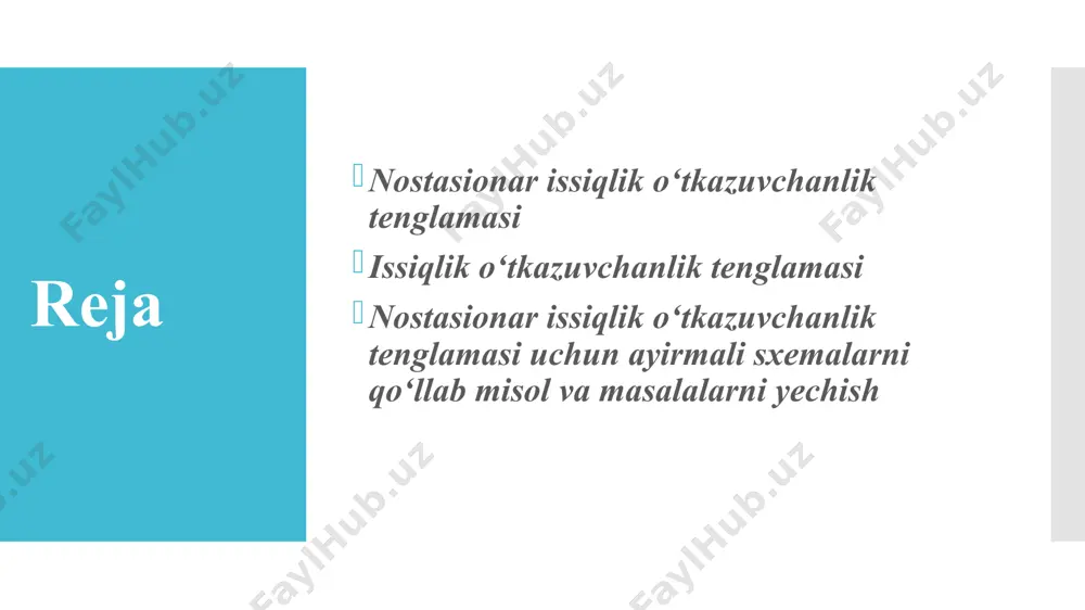 i vaqt qatlamlarida temperaturani topish for j=1:m-1 % progonka usulining to'g'ri yo'li alpha(2)=0; betta(2)=a; for i=2:n-1 ai=k; bi=k; ci=1+2*k; fi=u(j,i); alpha(i+1)=bi/(ci-alpha(i)*ai); betta(i+1)=(ai*betta(i)+fi)/(ci-alpha(i)*ai); end matlab dasturi %progonka usulining teskari yo'li u(j+1,n)=b; for i=n-1:-1:1 u(j+1,i)=alpha(i+1)*u(j+1,i+1)+betta(i+1); end end % surf va mesh - sirt chizish komandasi %c=surf(x,t,u); mesh(x,t,u); % contour - sath chizig’ini chizish komandasi %c=contour(x,t,u,15); clabel(c); %colormap(blue); %for j=1:m % plot - bir o’lchamli funksiyalarni chizish %plot(x,u(j,:)), axis([0 0.5 10 30]) %getfram – animatsiya yaratish komandasi % n(j)=getframe; %end %movieview(n) %movie2avi(n,'anim.avi') dasturni ishga tushirish quyidagicha amalga oshiriladi: >> l=0.5; n=21; t0=0; t1=4; m=21; dasturni ishga tushirish quyidagicha amalga oshiriladi: >> l=0.5; n=21; t0=0; t1=4; m=21; mustaqil topshiriqlarni bajarish tartibi mustaqil topshiriqlarni bajarish tartibi image1.png image2.png image3.png image4.png image5.png image6.jpeg image7.png image8.png image9.png image10.png image11.jpeg image12.png image13.png image14.png image15.jpeg image16.png image17.png image18.jpeg image19.png image20.png image21.png image22.jpeg image23.png image24.png image25.png image26.png image27.png /docprops/thumbnail.jpeg