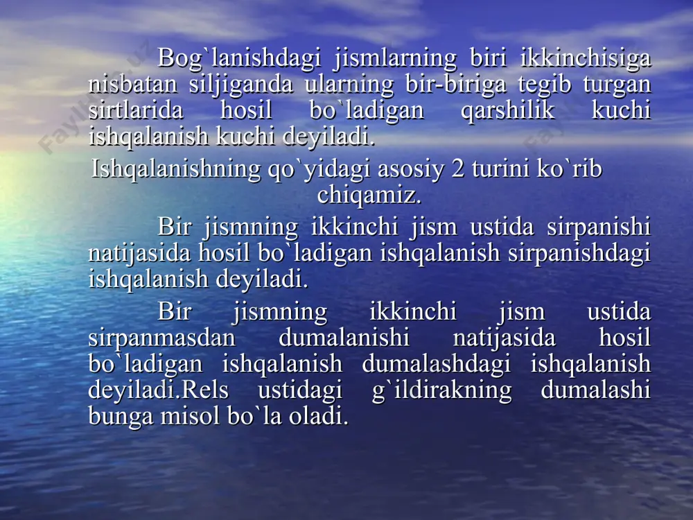 . bu juft kuch (q, f) juft kuchning ta'siriga tеskari yo`nalishda silindrning dumalashiga qarshilik ko`rsatadi. shunday qilib, silindrga momеntilari bir-biriga qarama-qarshi yo`nalgan (q, f) va (p, n) juft kuchlar ta'sir etadi. (q, f) juft kuchning momеnti (p, n) ning momеntiga tеng bo`lganidagina silindrning dumalashiga qarshilik ko`rsatuvchi (p, n) juft kuch dumalashdagi ishqalanish juft kuchi, bu juft kuchning m momеnti dumalashdagi ishqalanish momеnti dеyiladi. dumalanishdagi ishqalanish momеnti mq=n biror mmax dan katta bo`la olmaydi, ya'ni 0 ≤ м ≤ мmax tajribalarning ko`rsatishicha, dumalashdagi ishqalanish momеntining eng katta qiymati normal bosimga mutanosib bo`ladi: мmax = δ n bunda δ≥k bo`lib, dumalashdagi ishqalanish koeffitsiеnti dеyiladi va u uzunlik birligida o`lchanadi. tajribalarning ko`rsatishicha, dumalashdagi ishqalanish koeffitsiеnti jismlarning matеrialliga ishqalanuvchi sirtlarning ishlanish darajasiga, g`ildirakning radiusi va normal bosimga bog`liq bo`ladi. g`ildirak dumalashi oldida |ма(q)| = |ма(n)| yoki q·r = δ·n, bu formuladagi kattalik ko`pchilik matеriallar uchun sirpanishdagi ishqalanish koeffitsiеnti f dan ancha kichik bo`ladi. yuqoridagi …