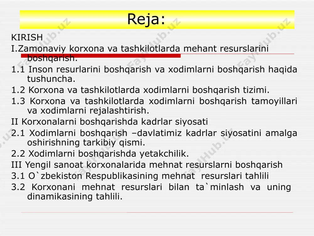 tezkor faoliyat) ma`muriy aralashuvga zaruriyat tug`iladigan kundalik muamollarni yechishga kadrlarni tanlash va joy-joyiga qo`yish mehnat motivatsiyasini boshqarish tehnika xavfsizligini nazorat qilish nizolarni hal qilish korporatsira vitse-prezidentiga образец текста второй уровень третий уровень четвертый уровень пятый уровень xodimlarni boshqarish deganda korxonada band bo`lgan kishilar salohiyatini rivojlantirish va undan samarali foydalanish, ularning normal (mo`radil) faoliyat ko`rsatish uchun zaruriy shart-sharoitlar yaratish bo`yicha o`zaro bog`langan tashkiliy-iqtisodiy ca sotsial tadbirlar tizimi tushuniladi. funksional boshqaruv deganda bevosita kadrlar masalasini yechish bilan bog`liq masalalar, yani kadrlarni tanlash,ishdan bo`shatish malakasini oshirish, ish haqi va hokazolar tushuniladi. tashkiliy boshqaruv tushunchasi kadrlar ishi uchun bevosita javob beruvchi barcha shaxs va institutlar ,yani rahbarlar , kadrlar bo`limi , kasaba uyushmalar va boshqalarni o`z ichiga oladi. 1.2 korxona va tashkilotlarda xodimlarni boshqarish tizimi. xodimlarni boshqarish tizimi deganda korxonada band bo`lgan kishilar salohiyatini rivojlantirish va undan samarali foydalanish, larning normal faoliyat ko`rsatishi uchun zaruriy shart-sharoit yaratish bo`yicha o`zaro bog`langan iqtisodiy-tashkiliy va sotsial tadbirlar …