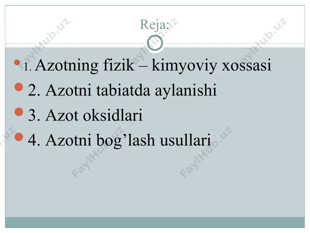 z usul: сао + 2со + 2nh3 = cасn2 + co2 + 2h2 + h2o + q сасо3 +2со + 2nh3 = cасn2 + 2co2 + 2h2 + h2o - q atmosfera havosidan azotni ajratish usullari 1. membranali usul 2. absorbsiya usuli. 3. kriogen usuli. kriogen usuli e’tiboringiz uchun raxmat