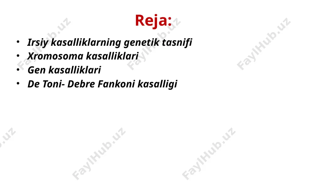 ir qiladi. chaqaloqlar ko’pincha kichik tug’iladi, va yurak nuqoni bo’ladi. boshqa xususiyatlari : boshi kichik jag’i kichik barmoqlari bir-biriga yopishgan. mushtlari siqilgan og’ir aqliy zaiflik bu kasallik aksariyat hollarda reproduktiv hujayralar shakillanishi yoki erta rivojlanish davridagi muommolar tufayli yuzaga keladi. kasallik darajasi onaning yoshi bilan ortadi. edvard sindromi 5000 ta tirik tug’ilgan chaqaloqning 1 tasida uchraydi. bunda tirik qolgan chaqaloqlarning ko’proq qismi qiz bolani tashkil qiladi. hayotining bir yilidan keyin omon qolishi taxminan 5-10 % ni tashkil qiladi. kasallik birinchi martta 1960 – yilda ingiliz genetigi jon xilton edvards nomi bilan atalgan triplo x sindromi triplo x sindromi – faqat maxsus tekshirishlar o’tkazilgandagina aniqlanadigan kalla suyagining, tishlarning va skeletning anomaliyalari. yengil aqliy zaiflik ( 0,5-1 % ) shizofreniya. xromosomalari xxx oqibatida 47 ta bo’lishi. uchrash extimoli 1-13 : 1000 ga to’g’ri keladi. daun sindromi tug’ma oligofreniyaning bir ko’rinishi. bolaning ko’rinishi va aqliy jihatlarida o’zgarishlar kuzatiladi. kasallikni birinchi martta langdon dawn …