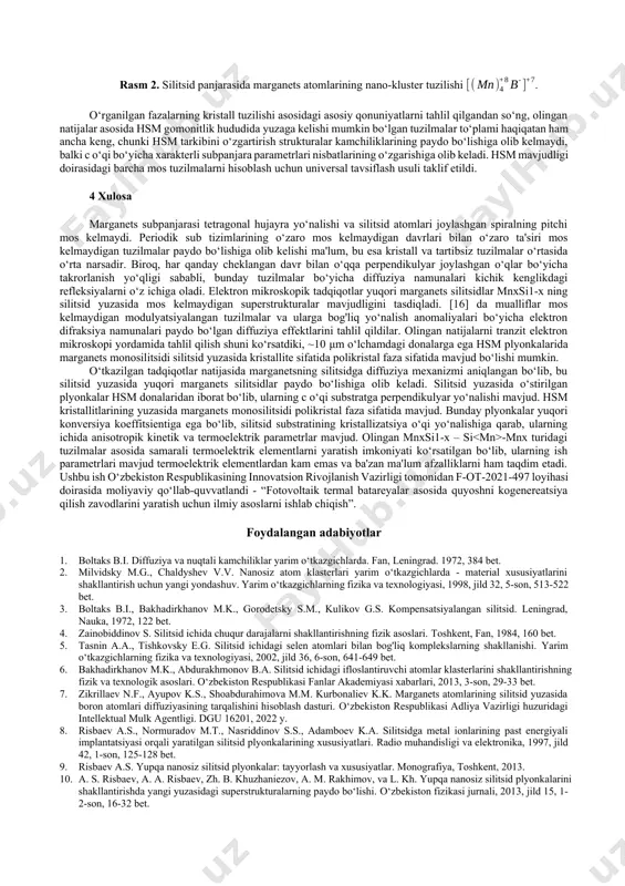 iyga diffuziya jarayonida atomlar oqimi hosil bo‘ladi, ular substratlarga joylashadi va diffuziya natijasida mnxsi1-х turidagi birikmalarni hosil qiladi. marganets diffuziyasining texnologik rejimlariga bog‘liq ravishda strukturaviy tadqiqotlar marganets silitsid plyonkalarini ma'lum elektr-fizik parametrlar bilan olish sharoitlarini optimallashtirish imkonini berdi. 3 eksperimental natijalar va ularning muhokamasi adabiyot ma'lumotlarini tahlil qilish [8-12] shuni ko‘rsatadiki, t=1050÷1150°c diapazonda issiqlik bilan qayta ishlash haroratida hosil bo‘lgan mn0.25si1-0.25 (hsm) yuqori marganets silitsid fazasi fotoelektronikada termoelektrik generatorlar (konvertorlar) uchun eng istiqbolli material hisoblanadi. silitsid plyonkalarining fazaviy tarkibi va anisotrop issiqlik emf koeffitsienti o‘rtasidagi bog'liqlik aniqlangan va elektr va kinetik parametrlari bo‘yicha massiv hsm bir kristaliga yaqin bo‘lgan polikristall plyonkalarni olish imkoniyati ko‘rsatilgan. texnologik omillar, masalan, vakuum darajasi, substrat harorati, kvarts ampolasi hajmi, substrat yuzasi ishlov berish va sovutish sharoitlari hcm plyonkalarini ishlab chiqarishda muhim ekanligi ko‘rsatildi. jadval 1. marganets silitsid plyonkalarining fizik parametrlаri (vakuum р~106 mm hg, tez sovutish) diffuziya harorati, °c yuza qarshiligi, rr, ом yuza qarshiluvchanligi …