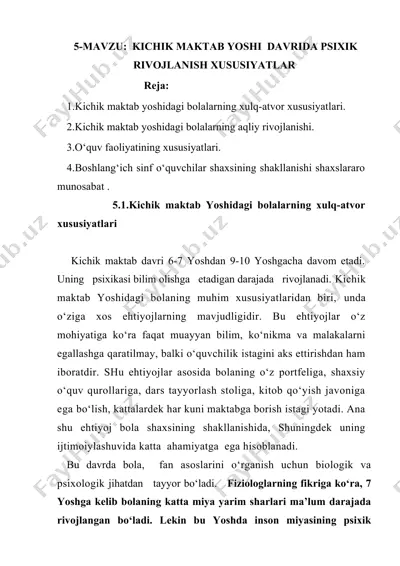 kichik maktab yoshi davrida psixik rivojlanish xususiyatlari — DOC