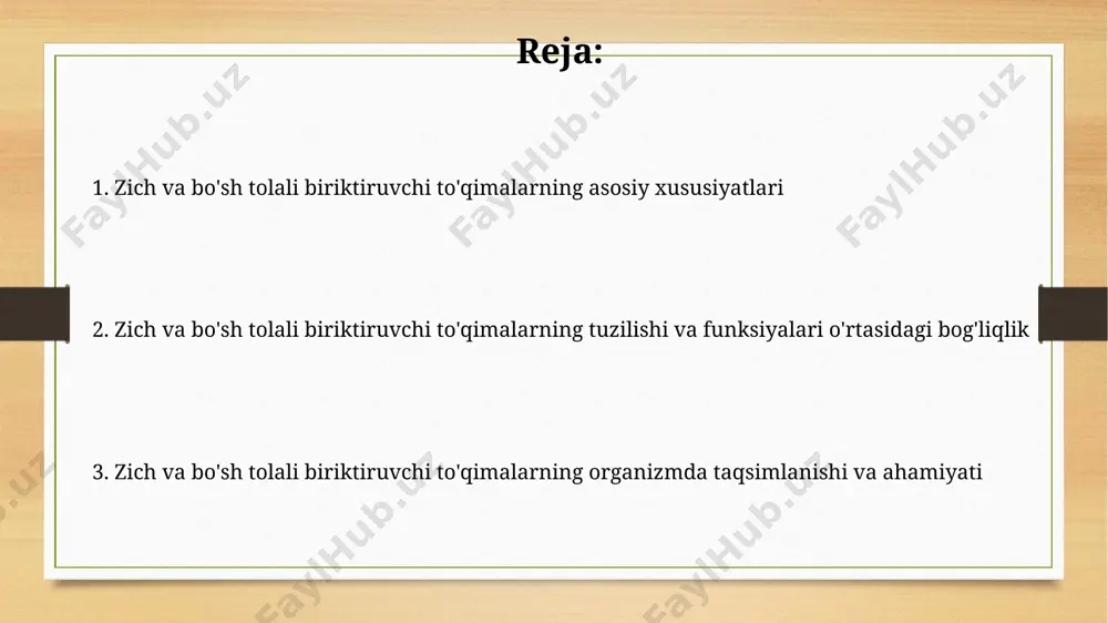 og' hujayralari (adipotsitlar) mavjud bo'lib, ularning nisbati to'qimaning joylashishiga bog'liq. zich tolali to'qima asosan fibroblastlardan iborat bo'lib, ularning soni 1 mm³ da 1000 tagacha yetishi mumkin, shuningdek, oz miqdorda makrofag va limfotsitlar uchraydi. klinik ahamiyati: bo'sh tolali to'qima kasalliklari bo'sh tolali to'qima shikastlanishi natijasida 2-3 hafta davom etadigan chandiqlar hosil bo'lishi mumkin, bu esa teri funksiyasining buzilishiga va estetik muammolarga olib keladi. bo'sh tolali to'qimadagi kollagen tolalari sonining va tuzilishining o'zgarishi 50 yoshdan keyin kuchayib, teri qarishi va sarkishini tezlashtiradi. zich va bo'sh tolali to'qimalarning joylashishi zich va bo'sh tolali to'qimalarning joylashuvi, ularning funksiyasi bilan bog'liq bo'lib, zich to'qima kuchga, bo'sh to'qima esa egiluvchanlik va to'ldirishga moslashadi; ular orasidagi nisbat to'qimaning xususiyatlarini belgilaydi. bo'sh tolali biriktiruvchi to'qima, elastin va kollagen tolalari kamroq zich joylashgan, hujayralararo modda ko'p bo'lgan, organlar atrofida, terining dermisida va shilliq pardalarda uchraydi. bo'sh tolali biriktiruvchi to'qimaning funksiyalari bo'sh tolali biriktiruvchi to'qima organlarni o'zaro bog'lashda muhim rol …