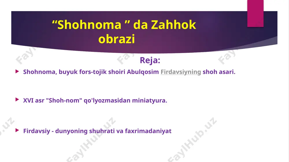 rshaspnoma" dostonini yaratgan. qadimiy eronning afsonaviy qahramoni boʻlgan gershasp jamshidning 6 - avlodi, firdavsiy qahramoni rustamning katta bobosidir. firdavsiy "shohnoma"-sida gershasp haqida batafsil toʻxtalmagani uchun asadiy tusiy uning faoliyatini keng yoritishni maqsad qilgan. xvi asr "shoh-nom" qo'lyozmasidan miniatyura. firdavsiy vafotidan soʻng, "shohnoma" jiddiy oʻzgarishlar va buzilishlarga duch keldi.[1] bizgacha etib kelgan fors tilidagi eng qadimgi shohnoma roʻyxati 1276-1277-yillarga toʻgʻri keladi. shunday qilib, u firdavsiy vafotidan 250 yil oʻtgach tuzilgan.[2] 11 — 12-asrlarda "barzunoma", "bahmannoma", "qushnoma", "faromurznoma" asarlari, keyinroq — moʻgʻullar hujumi arafasida "jahongirnoma", qoneʼiy tusiyning "saljuqnoma"si, 1300-yilda qatl etilgan shoir robeʼiy bushanjiyning "kartnoma"si, temuriylar davrida "somnoma", rustamning qizi gushaspbonuga bagʻishlangan 4 doston paydo boʻlgan. bu dostonlar orasida eng salmoqlisi "barzunoma" boʻlib, uning 2 nusxasi maʼlum: kichigi — 45, kattasi — 65 ming bayt. qoʻlyozmalari parij va dushanbeda saqlanadi. uning oʻzbekcha nusxalari ham mavjud. "shohnoma" taʼsirida bir necha tarixiy va tasavvufiy dostonlar ham yaratilgan: "iskandarnoma"lar, mutasavvif shoirlar yozgan pandnoma dostonlar, "shahanshohnoma" …