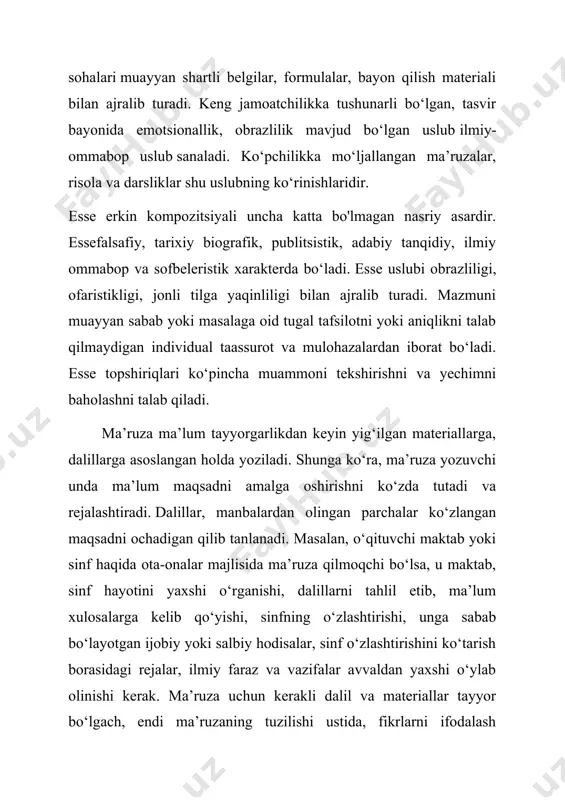halar ko‘zlangan maqsadni ochadigan qilib tanlanadi. masalan, o‘qituvchi maktab yoki sinf haqida ota-onalar majlisida ma’ruza qilmoqchi bo‘lsa, u maktab, sinf hayotini yaxshi o‘rganishi, dalillarni tahlil etib, ma’lum xulosalarga kеlib qo‘yishi, sinfning o‘zlashtirishi, unga sabab bo‘layotgan ijobiy yoki salbiy hodisalar, sinf o‘zlashtirishini ko‘tarish borasidagi rеjalar, ilmiy faraz va vazifalar avvaldan yaxshi o‘ylab olinishi kеrak. ma’ruza uchun kеrakli dalil va matеriallar tayyor bo‘lgach, endi ma’ruzaning tuzilishi ustida, fikrlarni ifodalash vositalari, ohang, mantiqiy urg‘u ustida mashq qilinadi. bu jarayonda tinglovchilar bilan aloqa bog‘lab turishning vositalari – undalma, kiritma gap, kirish so‘z, o‘rni bilan yumor va boshqalardan foydalanish ham yaxshi natija bеradi. shunday maʼruzaning yozma matni doklad deyiladi. doklad bayon etilgandan so'ng mutaxasislar o'rtasida o'zaro munozarbo'ladi.doklad, asosan, majlislarda biror bir loyihani bayoni sifatida qo'llaniladi. tezis katta hajmli matnga asoslangan mazmunli materialdir. boshqalar esa, aksincha, tezislar asosida batafsil materiallar yaratilganini da'vo qilishadi. ikkala fikr ham to'g'ri, tezislar ikkalasi uchun ishlatiladi. ko'pincha ilmiy tezislarga duch kelinadi, …