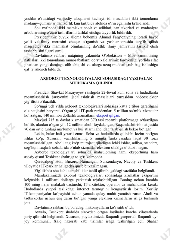 2023-yilda-qayta-tiklanuvchi-energiya-manbalarini-va-energiya-tejovchi-texnologiyalarni-joriy-etishni-jadallashtirish-chora-tadbirlari-togrisida_455004 https://uza.uz/oz/posts/2023-yilda-qayta-tiklanuvchi-energiya-manbalarini-va-energiya-tejovchi-texnologiyalarni-joriy-etishni-jadallashtirish-chora-tadbirlari-togrisida_455004 https://uza.uz/oz/posts/2023-yilda-qayta-tiklanuvchi-energiya-manbalarini-va-energiya-tejovchi-texnologiyalarni-joriy-etishni-jadallashtirish-chora-tadbirlari-togrisida_455004 https://uza.uz/oz/posts/2023-yilda-qayta-tiklanuvchi-energiya-manbalarini-va-energiya-tejovchi-texnologiyalarni-joriy-etishni-jadallashtirish-chora-tadbirlari-togrisida_455004 https://uza.uz/oz/posts/2023-yilda-qayta-tiklanuvchi-energiya-manbalarini-va-energiya-tejovchi-texnologiyalarni-joriy-etishni-jadallashtirish-chora-tadbirlari-togrisida_455004 https://uza.uz/oz/posts/2023-yilda-qayta-tiklanuvchi-energiya-manbalarini-va-energiya-tejovchi-texnologiyalarni-joriy-etishni-jadallashtirish-chora-tadbirlari-togrisida_455004 https://uza.uz/oz/posts/2023-yilda-qayta-tiklanuvchi-energiya-manbalarini-va-energiya-tejovchi-texnologiyalarni-joriy-etishni-jadallashtirish-chora-tadbirlari-togrisida_455004 https://uza.uz/oz/posts/2023-yilda-qayta-tiklanuvchi-energiya-manbalarini-va-energiya-tejovchi-texnologiyalarni-joriy-etishni-jadallashtirish-chora-tadbirlari-togrisida_455004 prezidentlar misrning “nazar-2030” strategik rejasi va yangi oʻzbekistonning taraqqiyot strategiyasi doirasida amalga oshirilayotgan islohotlar bir-biriga hamohang ekanini qayd etdilar. davlatimiz rahbari misr prezidentini iqlim oʻzgarishi boʻyicha sor-27 xalqaro sammiti muvaffaqiyatli oʻtkazilgani bilan tabrikladi. muzokaralar chogʻida yetakchilar ikki tomonlama munosabatlar jadal rivojlanib borayotgani, keng siyosiy muloqot faollashgani, bmt, iht, shht va qoʻshilmaslik harakati kabi xalqaro tashkilotlar doirasida oʻzaro koʻmaklashilayotgani, parlamentlararo aloqalar jadallashganini mamnuniyat bilan qayd etd