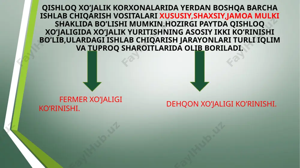 loq xo’jaligi mahsulotlarini iste’molchiga yetkazib berishni ta’minlaydigan tarmoqlar. insonlarning sharoitlarini ta’minlaydigan infratuzilma tarmog’i. agrobiznesning yangi turlari. agrosanoat birlashmalari – bir turdagi mahsulot ishlab chiqaruvchi va unga bog’liq ishlab chiqarish faoliyati bilan shug’ullanuvchi bir necha xo’jalik hamda korxonalar birlashmasi. agrosanoat kombinatalari – qishloq xo’jalik mahsulotlarini yetishtirish,qayta ishlash va iste’molchilarga yetkazib berishgacha barcha texnologik jarayonga xizmat qiluvchi xo’jalik va korxonalarning ma’lum bir hududida birlashuvidir. qishloq xo’jaligida bozor islohotlarini amalga oshirishni ikki bosqichga ajratiladi. o’zbekistonda agrar islohotlarqishloq xo’jaligi ishlab chiqarishining samaradorligini oshirish,mulkchilik munosabatalri va shakllarini tubdab isloh qilish,fermer xo’jaliklarini rivojlantirish va mustahkamlash,qishloqlarni obod etish asosida qishloq aholisining daromadlarini va turmush darajasini yuksaltirish vazifalarining amalga oshirilishini ko’zda tutadi. birinchi bosqich 1991-2000-yillarni o’z ichiga olib,bu davrda past rentabelli,aholiga o’z imkonyatlarini namoyon etish uchun sharoit yaratib bermagan shirkat xo’jaliklari tugatilib,bunda fermer xo’jaliklarini tashkil etish yo’li tanlandi. bosqichikkinchi 2001-2012-yillarni o’z ichiga olib,ushbu davrda fermer xo’jaliklari qishloq xo’jaligi sohasidagi asosiy harakatlanuvchi kuchga aylandi. qishloq xo’jaligini isloh qilish jarayonida …