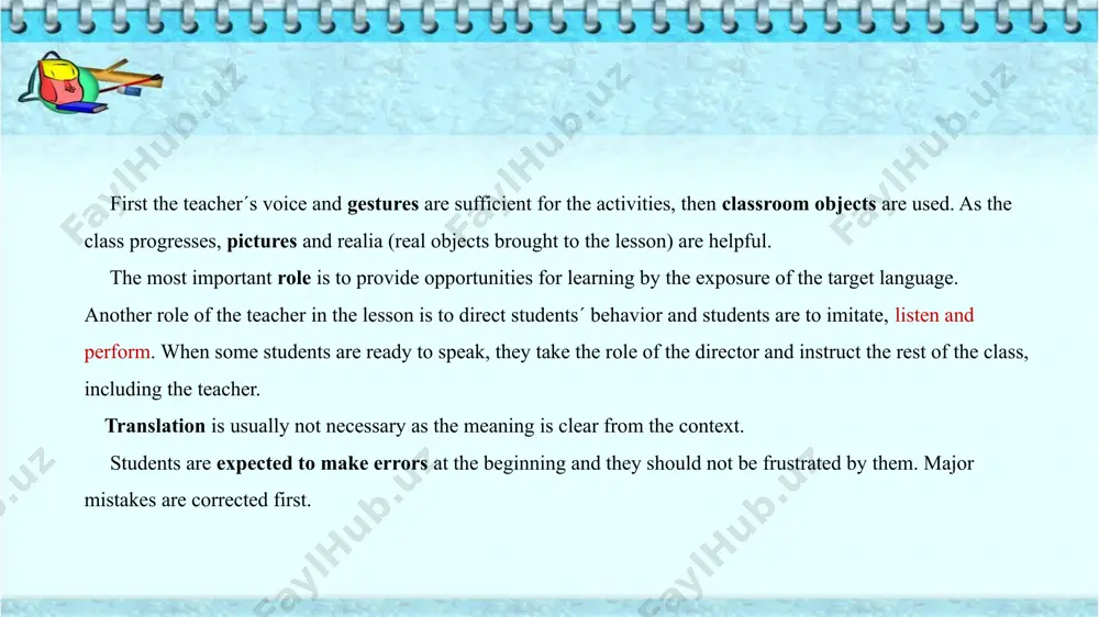 ten 5. tpr relying on…………….. learning hypotheses facilitate and inhibit foreign language learning a) three b) five c) seven d) ten 6. what are the main 3 hypotheses of tpr? a) bio-program, brain lateralization, and reduction of stress b) bio-programming, brain globalization, reflection of stress c) biology, language, phonology d) linguistics, language in action, deduction of stress 7. learners in tpr have the primary roles of ……….. and ……………. a) listeners, performers b) readers, showers c) speakers, listeners d) writers, readers 8. in the teaching learning process using tpr method, teacher plays ……… and ………….. a) interactive, passive b) passive, indirect role c) super, main role d) an active, direct role 12 thanks for your attending to my sessions! 13 image1.jpeg /docprops/thumbnail.jpeg