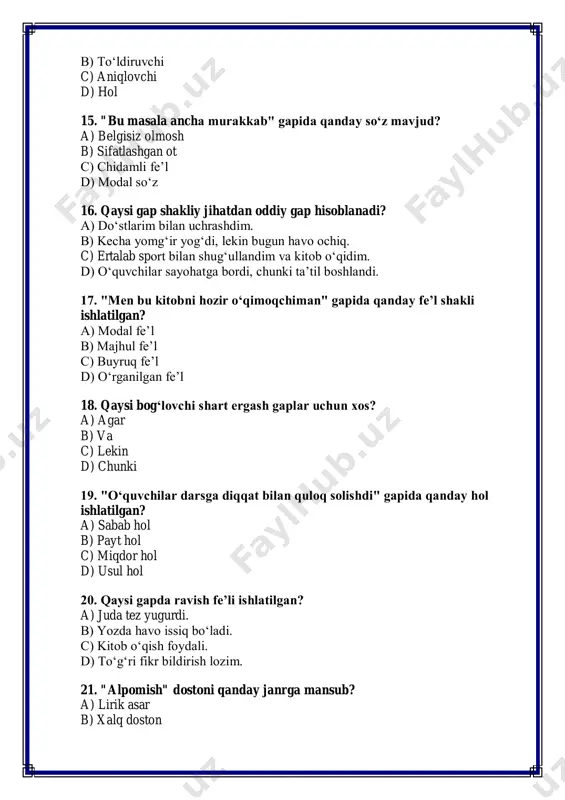 b 3 - a 4 - a 5 - d 6 - a 7 - c 8 - a 9 - b 10 - b 11 - d 12 - a 13 - d 14 - b 15 - a 16 - a 17 - a 18 - a 19 - d 20 - a 21-b 22-a 23-c 24-a 25-a 2-variant 1. qaysi gapda to‘ldiruvchi mavjud emas? a) o‘quvchilar dars tayyorlashdi. b) men bugun kitob o‘qib chiqdim. c) dasturxon ustiga mevalar qo‘yildi. d) biz kecha sport musobaqasida qatnashdik. 2. "ushbu masala oson echiladi" gapida qanday fe’l shakli qo‘llangan? a) buyruq fe’l b) majhul nisbat c) modal fe’l d) ko‘makchi fe’l 3. "men do‘stlarim bilan muzeyga bordim" gapida qanday bog‘lovchi mavjud? a) qarama-qarshi bog‘lovchi b) izohlovchi bog‘lovchi c) shart bog‘lovchi d) uyushiq bog‘lovchi 4. qaysi gap murakkab tarkibli gap hisoblanadi? a) bahorda daraxtlar yashil tusga kiradi. b) kecha sport musobaqasida qatnashdim …