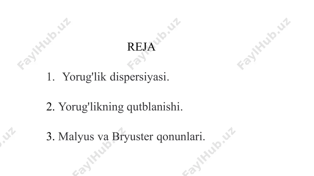 ilari prizma vazifasini bajaradi. qizil rang kamroq bukiladi va baland osmondagi tomchi orqali kuzatuvchining ko'ziga yetib keladi. shuning uchun kamalakning eng yuqori qismi qizil rangda bo'ladi. 10 olmos va dispersiya olmoslar yorqin ko'rinishining sababi dispersiya va to'liq ichki aks hodisalaridir. olmoslarning sindirish ko'rsatkichi juda yuqori (2.4) bo'lgani uchun, yorug'lik olmos ichida ko'p marta aks etib, ranglarga ajraladi va ko'zni quvontiradi. 11 dispersiyaning elektron nazariyasi elektromagnit to'lqin ta'siri yorug'lik elektromagnit to'lqin sifatida moddaga ta'sir qiladi elektronlar tebranishi moddadagi elektronlar tebranma harakatga keladi ikkilamchi to'lqinlar tebranayotgan elektronlar ikkilamchi to'lqinlar manbaiga aylanadi interferensiya birlamchi va ikkilamchi to'lqinlar interferensiyalashadi 12 sindirish ko'rsatkichining chastotaga bog'liqligi to'lqin chastotasi ω muhitdagi elektr zaryadlar xususiy tebranishlarining chastotasi ω0 ga yaqinlashganda sindirish ko'rsatkichi n ning qiymati keskin o'zgaradi. bu hodisa rezonans deb ataladi. 13 yorug'likning yutilishi yorug'lik moddadan o'tayotganda uning intensivligi kamayadi. bu hodisa buger qonuni bilan ifodalanadi: i = i_0 * e^(-αx). bu yerda i_0 - boshlang'ich intensivlik, …