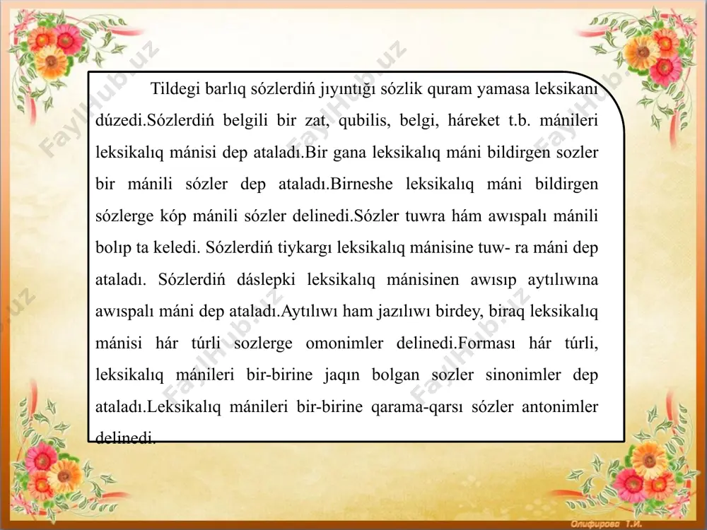 pke, mamanlıqqa baylanıslı qollanılatuğın sózler kásiplik sózler dep ataladı. kásiplik (professionallıq) sözler turmısta adamlardıń hár túrli kásibine baylanıslı bir- neshe türlerge bólinedi. mısalı: diyqanshılıq is- lerine baylanıslı: súdigarlaw (súrilgen jer), tapqa keliw (jerdiń súrimge tayar bolıwı), tapqa taslaw (tuqımdı tapqa salıw), gawasha, shigit, siyrekle- tiw, kultivaciyalaw, shırpıw, otaw hám t.b.; mal sharwashılığına baylanıslı: gúwenlew (ilaq, qozılardı bir qatar dizip baylaw), sharwa, jaylaw, qoy qora, jipgileń (jerdegi shóp-shardıń jawın yamasa shiq túsip jumsaq boliwi), kóterem (mallardıń arıqlawı), silos (maydalangan ot-shóp), sawlıq qoy (qozılay- tuğın qoy); balıqshılıq kásibine baylanıslı sózler: jılım, nárete (awdıń túrleri), jórgem, jormal (balıq dizetugın jip), tayaw-eskek (kemeni ıgızıw ushin paydalanatuğın qurallar), iynelik (nárete toqiganda qollanılatuğın qural), mardan (jekennen toqilgan balıq salatuģın ıdıs) t.b. dialektlik sózler awızeki sóylewde belgili bir aymaqtağı jergilikli xalıqlardıń tilinde sóylew ózgesheliklerine iye bolgan sózlerge dialektlik sózler dep ataladı. qaraqalpaq tiliniń sóylew ózgeshelikleri aymaqlıq jaqtan arqa hám qubla dialekt bolıp ekige bólinedi. arqa dialekt respublikanıń …