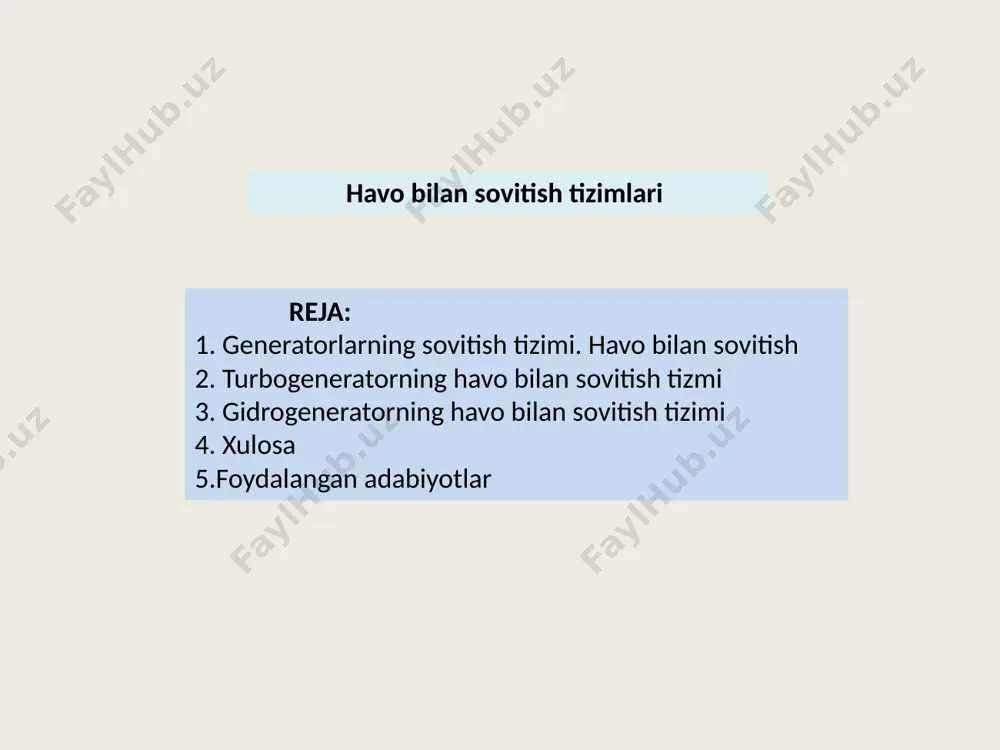 tr stansiyalaraing hamma generatorlari sun’iy sovitiladigan qilib tayyorlanadi. stator va rotorning qizigan chulg‘amlaridan issiqlikni olib ketish usuliga qarab bilvosita va bevosita sovitish bo‘ladi. bilvosita sovitishda rotor toretsiga o‘rnatilgan ventilyator yordamida sovituvchi gaz (havo yoki vodorod) generator ichiga yuboriladi va havo oralig‘i, hamda ventilyasiya kanallari orqali haydaladi. bunda sovituvchi gaz stator va rotorning chulg‘amlarining o‘tkazgichlariga tegmay o‘tadi va ular ajratayotgan issiqlik gazga katta «issiqlik to‘sig‘i» - chulg‘amlarning izolyasiyasi orqali o‘tadi. bevosita sovitishda sovituvchi modda (gaz yoki suyuqlik) izolyasiya va tishlarning po‘latiga tegmasdan, generator chulg‘amlari o‘tkazgichlariga bevosita tegib o‘tadi. havo bilan sovitish. havo bilan sovitishning ikki tizimi: oqimli va berk tizimi mavjud. oqimli sovitish tizimidan kamdan-kam va faqat quvvati 2 mva gacha bo‘gan turbogeneratorlarda, shuningdek quvvati 4 mva gacha bo‘lgan gidrogeneratorlarda qo‘llaniladi. bunda generator orqali mashina zalidagi havo haydaladi, u stator va rotor chulg‘amlarining izolyasiyasini tez ifloslaydi, natijada generatorning xizmat qilish muddatini qisqartiradi. 2. turbogeneratorning havo bilan sovitish tizmi 2 mva dan …
