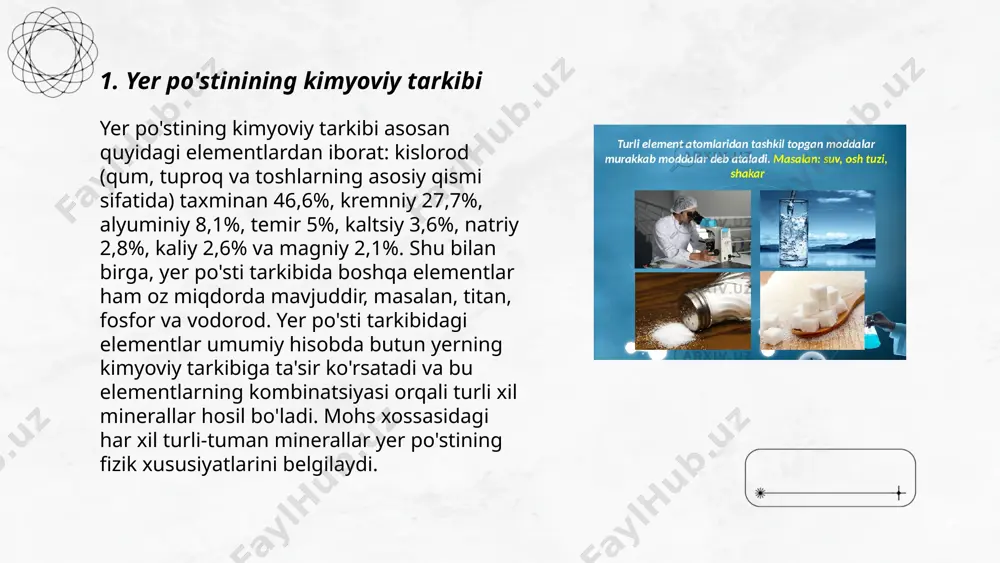 temir rudasi sifatida ishlatiladi. shuningdek, magnetit (fe₃o₄) ham yuqori magnit xususiyatlariga ega bo‘lgan boshqa temir oksididir. korund (al₂o₃) qattiqligi 9 bo‘lgan juda qattiq oksid mineral hisoblanadi va zargarlikda safir va yoqut sifatida qo‘llaniladi. boksit esa asosan alyuminiy oksidning gidratlangan shakllaridan tashkil topgan va alyuminiy ishlab chiqarish uchun muhim rudadir. pyrolusit (mno₂) marganets rudasi va boshqa sanoat ilovalarida qo‘llaniladi. ... t.me/slaydai_bot 7. sulfid minerallari sulfid minerallari tarkibida metall va oltingugurtning birikmalari bo‘lib, ular ko‘pincha iqtisodiy qiymatga ega. masalan, pirit (fes₂) temir manbai hisoblanadi, qalay blyuka (cu₂s) esa mis olishda ishlatiladi. sulfid minerallari yer po‘stining taxminan 0,15 foizini tashkil qiladi va ko‘pincha mis, qo‘rg‘oshin, rux va boshqa metallar konlarida uchraydi. xalkopirit (cufes₂) misning asosiy minerali hisoblanadi va dunyo mis zaxirasining 50 foizidan ortig‘ini tashkil etadi. galenit (pbs) esa qo'rg'oshinning asosiy manbai. ular gidrotermal sharoitlarda hosil bo‘ladi va sanoatda keng qo‘llaniladi. ... t.me/slaydai_bot karbonat minerallari yer qobig‘idagi keng tarqalgan mineral sinfiga kiradi va …