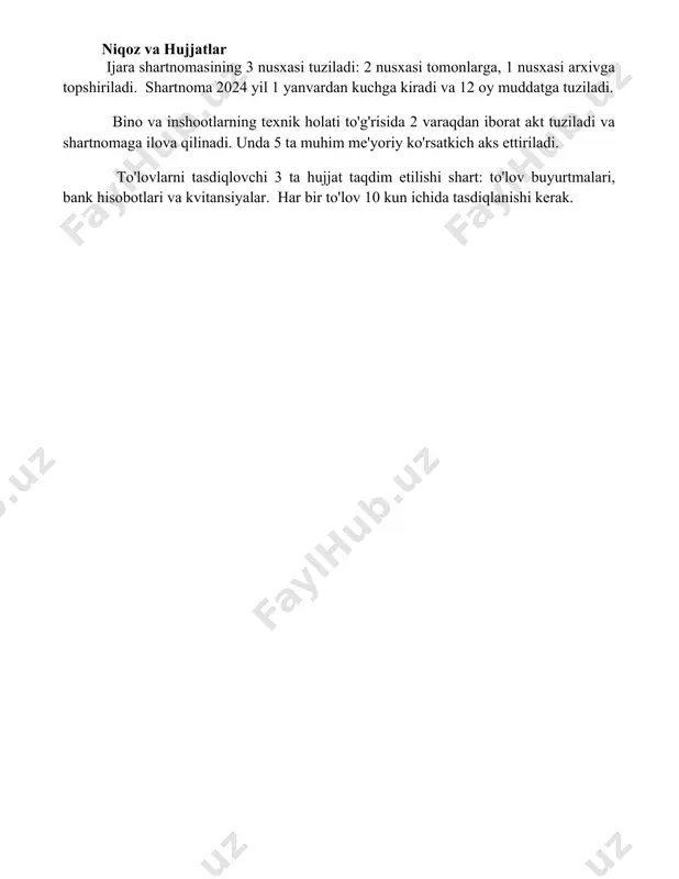di va 12 oy muddatga tuziladi. bino va inshootlarning texnik holati to'g'risida 2 varaqdan iborat akt tuziladi va shartnomaga ilova qilinadi. unda 5 ta muhim me'yoriy ko'rsatkich aks ettiriladi. to'lovlarni tasdiqlovchi 3 ta hujjat taqdim etilishi shart: to'lov buyurtmalari, bank hisobotlari va kvitansiyalar. har bir to'lov 10 kun ichida tasdiqlanishi kerak. 📌xulosa binolar va inshootlar ijarasi boʻyicha ushbu shartnoma tomonlar tomonidan oʻzaro kelishilgan va qonun hujjatlariga muvofiq tuzildi, shartnoma shartlari bajarilishini kafolatlaydi. barcha nizolar qonun yoʻli bilan hal etiladi. 📚foydalanilgan adabiyotlar 1. o‘zbekiston respublikasi fuqarolik kodeksi. 2. o‘zbekiston respublikasi yer kodeksi. 3. o‘zbekiston respublikasi qurilish kodeksi. 4. "ijara to‘g‘risida"gi o‘zbekiston respublikasi qonuni. 5. "mulkiy munosabatlar to‘g‘risida"gi o‘zbekiston respublikasi qonuni. 6