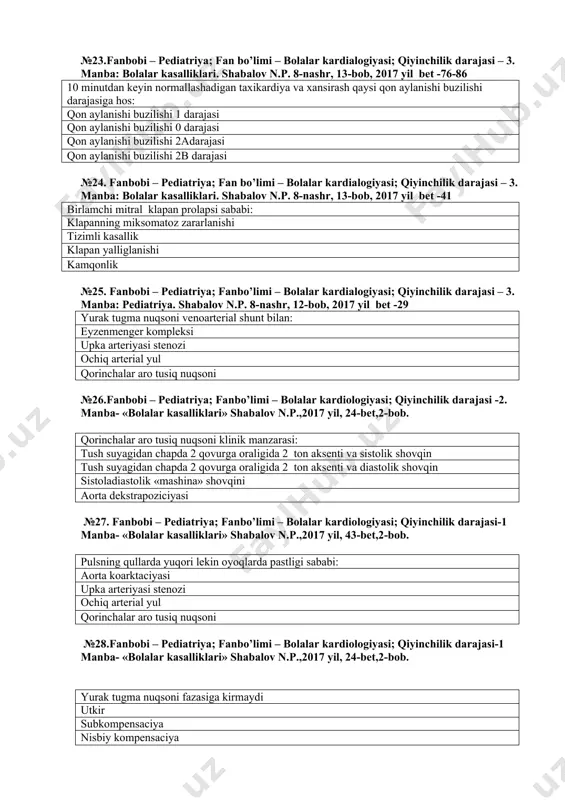 i; qiyinchilik dаrаjаsi – 3. manba: bolalar kasalliklari. shabalov n.p. 8-nashr, 13-bob, 2017 yil bet -41 birlamchi mitral klapan prolapsi sababi: klapanning miksomatoz zararlanishi tizimli kasallik klapan yalliglanishi kamqonlik №25. fаnbоbi – pediatriya; fаnbo’limi – bolalar kardialogiyasi; qiyinchilik dаrаjаsi – 3. manba: pediatriya. shabalov n.p. 8-nashr, 12-bob, 2017 yil bet -29 yurak tugma nuqsoni venoarterial shunt bilan: eyzenmenger kompleksi upka arteriyasi stenozi ochiq arterial yul qorinchalar aro tusiq nuqsoni №26.fаnbоbi – pediatriya; fаnbo’limi – bolalar kardiоlogiyasi; qiyinchilik dаrаjаsi -2. manba- «bolalar kasalliklari» shabalov n.p.,2017 yil, 24-bet,2-bob. qorinchalar aro tusiq nuqsoni klinik manzarasi: tush suyagidan chapda 2 qovurga oraligida 2 ton aksenti va sistolik shovqin tush suyagidan chapda 2 qovurga oraligida 2 ton aksenti va diastolik shovqin sistoladiastolik «mashina» shovqini aorta dekstrapoziciyasi №27. fаnbоbi – pediatriya; fаnbo’limi – bolalar kardiоlogiyasi; qiyinchilik dаrаjаsi-1 manba- «bolalar kasalliklari» shabalov n.p.,2017 yil, 43-bet,2-bob. pulsning qullarda yuqori lekin oyoqlarda pastligi sababi: aorta koarktaciyasi upka arteriyasi stenozi …