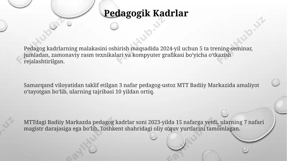 zlikdagi internet bilan ta'minlangan bo'lib, onlayn o'quv resurslariga kirish imkoniyatini beradi. mtt badiiy markazida 50 dan ortiq talaba uchun yetarli bo'lgan 200 dan ziyod turdagi rasm asbob-uskunalar va materiallar, jumladan, akril bo'yoqlari, moy bo'yoqlari va turli xil cho'tkalar samarqanddan yetkazib berildi. toshkent shahridan keltirilgan 100 dan ortiq kitob va qo'llanmalar, shu jumladan, ranglar nazariyasi, kompozitsiya va rasm texnikasi bo'yicha adabiyotlar kutubxonaga qo'shildi, bu esa o'quvchilarning amaliy bilimlarini boyitadi. badiiy materiallar va asboblar mtt badiiy markazida 30 dan ortiq turdagi bo‘yoqlar, shu jumladan, akril, guash va moyli bo‘yoqlar, shuningdek, 50 dan ziyod turdagi cho‘tka va boshqa asboblar mavjud. badiiy materiallar va asboblarni saqlash uchun maxsus jihozlangan 10 ta javon va 5 ta metall shkaf mavjud bo'lib, ularning barchasi mttning texnik xavfsizlik talablariga javob beradi. markaz toshkent shahridagi 200 m² maydonni egallaydi va unda 15 nafar talaba uchun yetarli miqdordagi individual ish joylari tashkil etilgan, har bir joyda zarur bo‘lgan materiallar va …