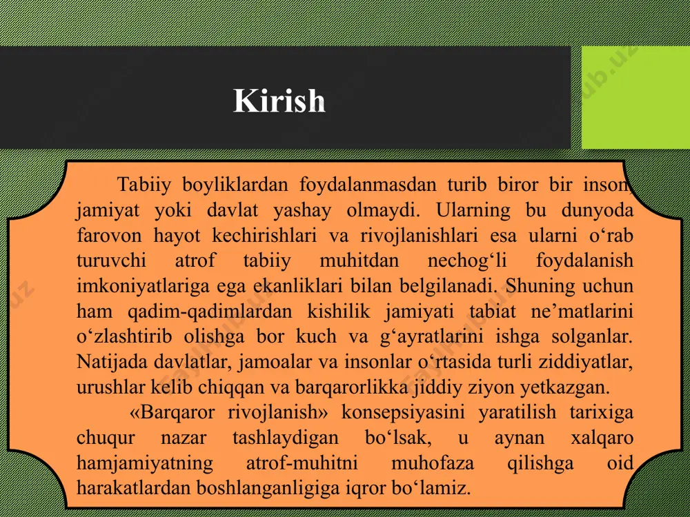 mumiy kelajagimiz» nomli hisobotida barqaror rivojlanish konsepsiyasi modeli – hozirgi avlod ehtiyojlarining qondirilishi va kelasi avlodlarning munosib hayot kechirishga bо‘lgan huquqini hisobga olgan tarzda amalga oshirilishi lozim, deya takidladi. gro xarlem brundtland yangi barqaror taraqqiyot dasturi 2015 yil 25 sentabr kuni barcha mamlakatlarning yetakchilari 2030 yilgacha bо‘lgan davrga mо‘ljallangan barqaror taraqqiyot dasturini qabul qilib, talablardan aniq harakatlarga о‘tish maqsadida birlashgan millatlar tashkilotining nyu-yorkdagi bosh qarorgohida yig‘ilishadi. barqaror taraqqiyot 2030 dasturi yangi 17 ta barqaror taraqqiyot maqsadlari (btm)dan, yoki global maqsadlardan iborat bо‘lib, keyingi 15 yillik davrdagi umumjahon siyosati va sarmoyalar yо‘nalishlarini belgilab beruvchi dasturdir. unda dunyo mamlakatlarining yetakchilari qashshoqlikka – dunyoning barcha nuqtalarida, batamom – barham berishga va’da qilishi kutiladi. ming yillik taraqqiyot maqsadlari daromad bо‘yicha qashshoqlik yaxshilangan suv manbalaridan foydalanish imkoniyati bolalarning boshlang‘ich ta’lim muassasalarida о‘qishi bolalar orasidagi о‘lim darajasi barqaror rivojlanishni taminlashga oid konferensiya va dasturlar rim klubi tashkilotining barqaror rivojlanishda tutgan о‘rni. fan, madaniyat, maorif va davlat …