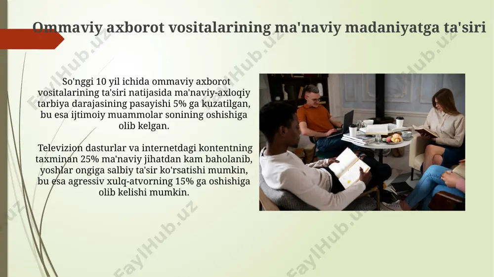 tish orqali ish samaradorligini oshiradi. turli madaniyatlararo muloqot va uning ahamiyati turli din va e'tiqod vakillarining muloqoti 5 dan ortiq global muammolarni hal qilishda, jumladan, tinchlik va barqarorlikni ta'minlashda muhim ahamiyat kasb etadi. ijtimoiy-madaniy integratsiya jarayonida muloqotning samaradorligi, kamida 10 ta omilga, shu jumladan til bilish darajasi va madaniy kompetensiyaga bog'liq. oilada ma'naviy muhitni shakllantirishda muloqot muloqot orqali oilada kamida 5 ta umumiy qadriyatlarni (masalan, halollik, mehr-oqibat, mas'uliyat) mustahkamlash va oilaviy an'analarni saqlab qolish mumkin. oilada ma'naviy muhitni shakllantirishda muloqotning 3 ta asosiy komponenti – hurmat, ishonch va ochiq muloqot bo'lib, ular oila a'zolarining o'zaro munosabatlarini 70% ga yaxshilaydi. muloqotning ma'naviy madaniyat rivojiga ta'siri samarali muloqot, 3 bosqichli jarayon sifatida, ma'naviy bilim va tajribalarni uzatish samaradorligini 35% ga oshirib, ijtimoiy-madaniy rivojlanishga ijobiy ta'sir ko'rsatadi. muloqot orqali shakllanadigan ma'naviy madaniyat 5 dan ortiq qadriyatlarni, jumladan, hurmat, bag'rikenglik va hamkorlikni o'z ichiga oladi, bu esa jamiyatning ijtimoiy uyg'unligini 20% ga oshirishi mumkin. …