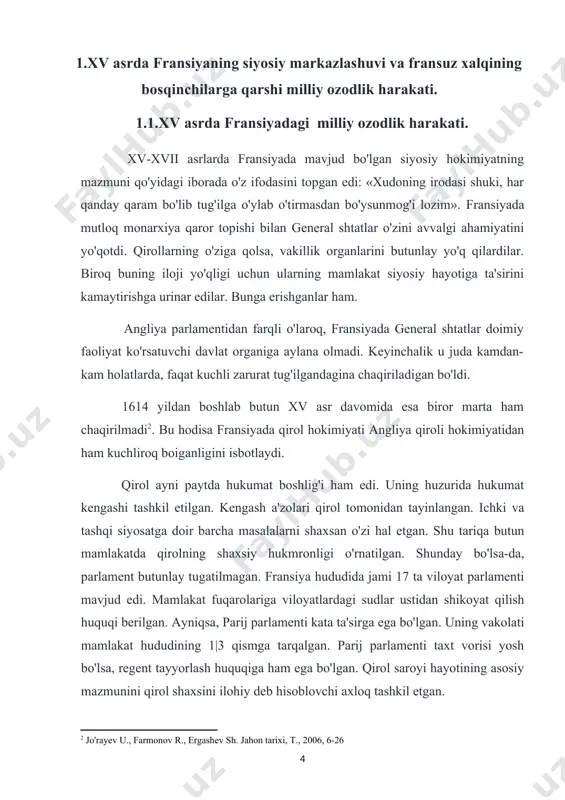 egallash huquqi, diniy marosimlarni to'siqsiz yetkazish erkinligi berildi. biroq bu erishilgan tinchlik uzoqqa chuzilmadi. chet davlatlarning aralashuvi vaziyatni yanada chigallashtirdi . urushning oldini olish uchun qirol karl ix gugenotlar yetakchisi genrixga o'z singlisi margaritani turmushga berishga qaror qildi. to'y marosimi 1572- yilning avgustiga belgilanadi. biroq katolik mutaassiblari shu voqiyadan foydalanib, gugenotlarning barcha rahbarlarini qirib tashlashni zimdan rejalashtirdalar. 24 avgust kechasi gugenotlar qirg'ini uyushtirildi. 3 kunlik qotillik davomida 30 ming kishi -qurbon boidi. bu voqeya fransiya tarixiga «varfolomey kechasi» nomi bilan kirdi. shu voqealardan keyin fransiyada protestantlik taqiqlandi . rim papasi bu xabarni quvonch bilan kutib oldi. [5: jo'rayev u., farmonov r., ergashev sh. jahon tarixi, t., 2006, 6-27.] «vorfolomey kechasi»mamlakatdagi diniy urushga chek qo'ymadi. urushning davom etishi muqarrar edi. chunki gugenotlar taqdirga tan bermadilar. gugenotlar fransiyani bo'lib tashlashga qaror qildilar va mamlakat janubida o'z davlatlarini tuzdilar. bu davlatni qirol xonadonining qarindoshi, gugenot genrix qarindoshi, gugenot genrix navarsskiy boshqardi. gugenotlar yaxshi …
