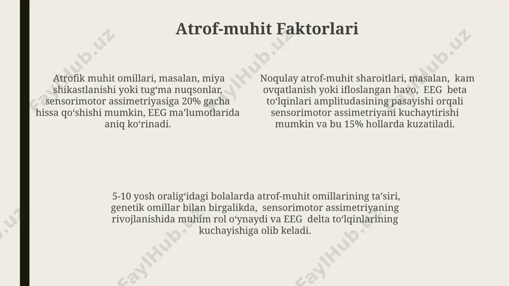 dan yuqori chastotalar ko'proq motor faolligini ko'rsatishi mumkin. eegda miya faoliyatining turli chastotalardagi (delta, teta, alfa, beta, gamma) elektr potensiallarini 10 dan 20 tagacha elektrod yordamida registratsiya qilish orqali o'rganiladi. eeg tadqiqotida artefaktlar (masalan, mushak harakatlari, ko'z harakatlari)ni aniqlash va bartaraf etish juda muhimdir, chunki bu to'g'ri natijalarga tahdid soladi. to'g'ri natijaga erishish uchun kamida 3 marta takrorlash kerak. miya aktivligi va chaynaydigan harakatlar chaynayishning tezligi va kuchiga qarab, miya faolligi (eeg) parametrlarida 5-10 mvoltdan oshishi kuzatiladi, bu mushaklarning faolligi va sensorli kirishlar bilan bog'liq. miyada chaynaydigan harakatlarni boshqaruvchi motor korteksning chap va o'ng yarim sharlari orasidagi faollik farqi, taxminan 10-15% ni tashkil etadi, bu sensorimotor asimmetriyasini ko'rsatadi. chaynayish jarayonida elektroensetsefalografiya (eeg) yordamida o'lchangan miya to'lqinlari amplitudasi, chastotasi va faza o'zgarishlarini ko'rsatib, o'ng yarim sharning ustunligini 20-30 gts diapazonida aniqlaydi. sensorimotor assimetriya ta'rifi sensorimotor assimetriyasi miya yarim sharlarining harakat va sezgilarni qayta ishlashdagi nomutanosibligini, masalan, o'ng qo'lning chap qo'ldan 15-20% …