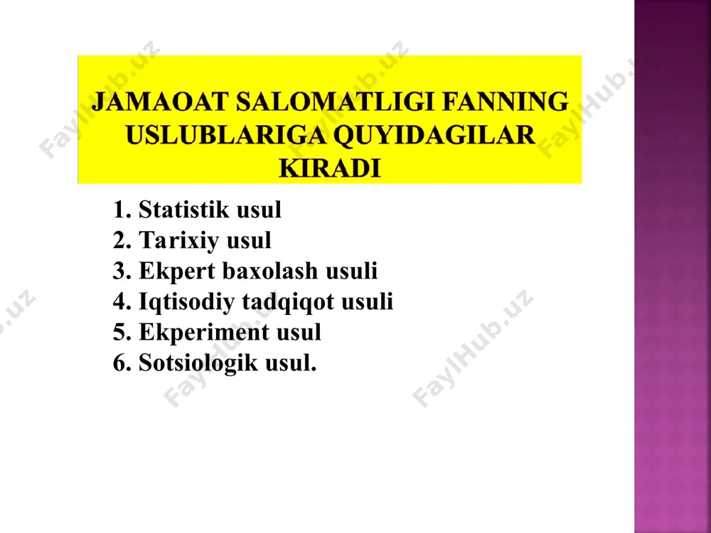 gan tadqiqotlarda (nisbatan kichik kuzatuvlar soniga ega bo‘lganda) tibbiyot statistikasi - statistika fanining bir tarmog‘i va ijtimoiy gigiena hamda sog‘liqni saqlashni tashkil qilish jarayonida muxim usullaridan biri bo‘lib hisoblanadi. shu sababli, tibbiyot statistikasi statistikaning umumiy prinsiplarini va usullarini o‘z vazifalariga kiritadi, hamda ayrim vaqtda o‘zining xususiy usullarini ishlab chiqadi va yaratadi. statistik usullar keng qo‘llaniladi tabobatda – bu maxsus tibbiyot muammolarda – klinik tekshirishlar, laborator – eksperimental, gigienik, epidemiologik. sanitar statistika 2 ta qismdan iborat: uslubiy (metodik) – bu tekshirish usullari (ko‘rsatkichlar,koeffitsientlar). moddiy (material) moddiy qismi – assosiy son ma’lumotlarni yig‘indisidir. bu aholi sog‘lig‘i haqida ma’lumotlar, hamda sog‘liqni saqlash ishlari haqida ma’lumotlar va ularni taxlili, xulosalari. statistikada hamda har bir vrachni ish faoliyatida xisob va hisobot asosiy o‘rin egallaydi. xisob (uchet) – bu birlamchi ro‘yxatga olish, xar kungi vrachni ish faoliyati (hujjat to‘ldirish, ko‘rsatkichlar echish va h.k). xisobot (otchetnost) – bu har kungi va muntazam (sistematik) ravishda statistik ma’lumotlarni (svodka) …