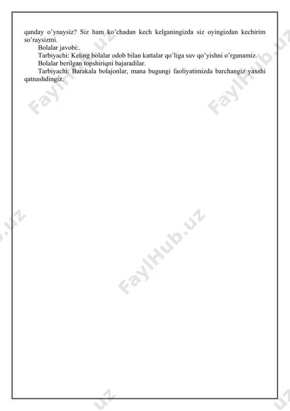 alar odob bilan kattalar qo’liga suv qo’yishni o’rganamiz. bolalar berilgan topshiriqni bajaradilar. tarbiyachi: barakala bolajonlar, mana bugungi faoliyatimizda barchangiz yaxshi qatnashdingiz. . mavzu: bizning oila. maqsad: oila muqaddas jamoa ekanligi, oilada katta-kichikning ahil yashashlari, oila boshliqlari buva-buvi, ota-ona ekanligi. oilada ota-ona, aka-uka, opa-singillarning bo’lishi. ahil oilalarni rasmlar orqali izohlash. oilada bolalarning yashash tarzi, kattalarni hurmat qilish, kichiklarga g’amxo’r bo’lish. oilada xamjihatlik ahillik, o’zaro yordam oila baxtining asosi ekanini o’qtirish bilan bolalarda oilasida nisbatan mehr tuyg’ularini o’yg’otish. oilada shirin-shirin orzular og’ushida yashash fikrini uyg’otish. kerakli jihoz: «bizning oila» mavzusida surat, akt video roliklar. faoliyatning borishi: tarbiyachi: bugun bolajonlar men sizlar bilan «bizning oila» mavzusida suhbatlashamiz. oyimiz, dadamiz, akmiz, ukamiz hammamiz birgalikda oila bo’lamiz. men hammangizni oilangiz haqida so’zlab berishingizni xohlayman. kim oilasi haqida so’zlab berishni xohlaydi ? kamola sizning oilangiz nechta kishidan iborat ? oilangizda kim yashaydi . kamola: bizning oilamizda olti kishidan iborat. bobom, buvim, onam, dadam, opam va men. …
