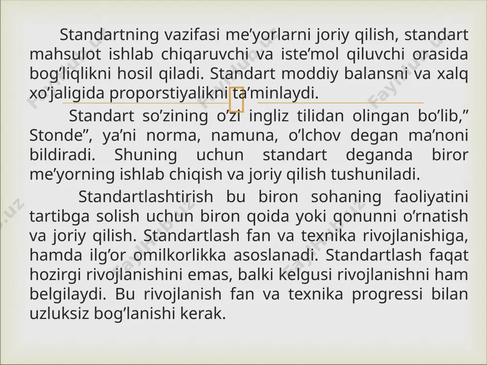 uchun, shuningdek uni mahsulotini ishlatadigan boshqa tarmoqlarni korxona va tashkilotlari uchun majburiy. bu standartlarni tarmoqlarga qarashli vazirliklar tasdiqlaydi, kuchga kiritadi, o’zgartiradi va bekor qiladi. tarmoq standartlari davlat standartlarini rivojlantirishi yoki cheklashi mumkin, agarda oxirgilarni asosiy talablari buzilmagan bo’lsa. korxona standartlari faqat ma’lum korxona uchun majburiy. ularni faqat shu korxonada qo’llanadigan ob’ektlar ko’zda tutadilar. standartlarni uchta darajasini ajratadilar:  standartlar bilan birga, standartlash sohasida ko’pgina sanoat tarmoqlarida keng qo’llanadigan me’yoriy-texnik hujjat bu texnik shartlar. texnik shartlarda mahsulotga, uni ishlab chiqarishga va nazoratiga qo’yiladigan barcha talablar bo’lishi shart. bu shartlarni to’qimachilik mahsulotlar uchun engil sanoat vazirligi tasdiqlaydi. keyingi yillarda to’qimachilik mahsulotlari standartlash sohasida texnik tasvirlar keng qo’llanilyapti. ularni bitta aniq mahsulot namunasi (modeli) uchun tuzadilar va shu turdagi mahsulotda davlat, tarmoq standarti yoki texnik shart bor bo’lsa. texnik tasvirda mahsulot namunasi (modeli)ni ishlab chiqarish jarayonini ayrim parametrlariga talablar belgilanadi.  texnik taraqqayotni jadallashtirish, mehnat unumdorligi va ishlab chiqarish samaradorligini oshirish; mahsulot sifatini …