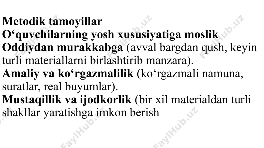 k ko`p kulgili quvnoq detallar, aqlli ifodalangan kuzatishlar borligiga o`quvchilar e`tiborini qaratadi. o’qituvchi o`yinchoqlar hamma vaqt ham haqiqiy insonlarga va hayvonlarga o`xshayvermasligi, biroq hamma vaqt juda ifodali va dabdabali bo’lishini tushuntirib beradi.. har bir o`yinchoq o`ziga xos ko’rinishga ega ekani va takrorlanmasligi, biroq yaratiluvchi o`yinchoqlarning turli-tumanligiga qaramay xalq ustalarini bir narsa yaqinlashtirishi, ya’ni ularning hammasi juda kuzatuvchan va ishlov beriluvchi material xususiyatlarini yaxshi bilishi, uning go`zalligini ochib bera olishida ekanligini ta’kidlab o’tadi. ilgari xalq ustalari tomonidan tayyorlanuvchi buyumlarning ko`pchiligi ajoyib o`yinchoq bo`lgan bo`lsa, hozirgi vaqtda ular kichik dekorativ haykalchalar bo`lib, xonadonlarni bezatib turganligini aytadi. bunday haykalchalarning har biri katta qiymatga ega, chunki u usta qo`li bilan yagona nusxada yaratiladi. xalq ustalarining tasviriy vositalari sodda, quvnoq, ochiq, ular ko`p asrlar davomida xalq tomonidan tanlab olingan va sinalgandir. shu sababli har bir xalq o`yinchog`i biz uchun taqlid qilishga namuna bo`lib xizmat qila oladi. o`quvchilar tabiiy materiallardan narsalar tayorlashga kirishishdan oldin ularga ba’zi …