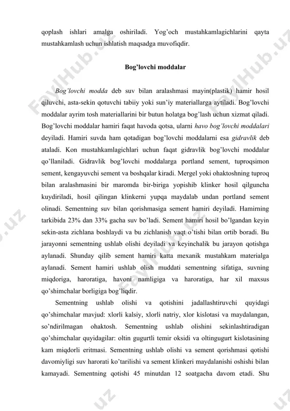 ar tarkibidagi sementga salbiy ta’sir ko’rsatadi. buni bartaraf etish uchun sementga maxsus gidravlik juda yupqa maydalangan quyidagi qo’shimchalar qo’shiladi: zarrachalangan domen shlagi, tarkibida kvars bo’lgan chiqindilar, maydalangan tuzlar va boshqalar. ularning solishtirma yuzasi 30004000 sm2/g bo’lishi mumkin. maxsus sementlar katta mustahkamlikka erishish, suv o’tkazmaslik, past haroratda qotish, tez qotish uchun qo’llaniladi. misol uchun maxsus sement sirasiga tuproqsimon sement kiradi. bu sement boksidni ohaktosh bilan kuydirib, bir-biriga yopishganda hosil bo’ladigan klinkerni juda yupqa maydalash orqali olinadi. bu sement juda yuqori mustahkamli gidravlik bog’lovchi modda bo’lib, agressivlik sharoitga chidamli va past haroratda ham qotuvchi sementdir. qorishmalar yer osti kon lahimlarini o’tishda bog’lovchi modda sifatida har xil bo’lgan qorishmalardan qo’llaniladi: sementli, loyli va kvarsli va boshqalar. eng ko’p tarqalgan qorishma - bu sementli qorishmalar hisoblanadi. sementli qorishmalarga sement sarfini kamaytirish va qotganda yorilib ketmasligi uchun qum qo’shiladi. sementli qorishmalar tarkibidagi sement miqdoriga qarab “quyuq” “o’rtacha quyuq” va “suyuq” qorishmalarga bo’linadi. yer osti kon …
