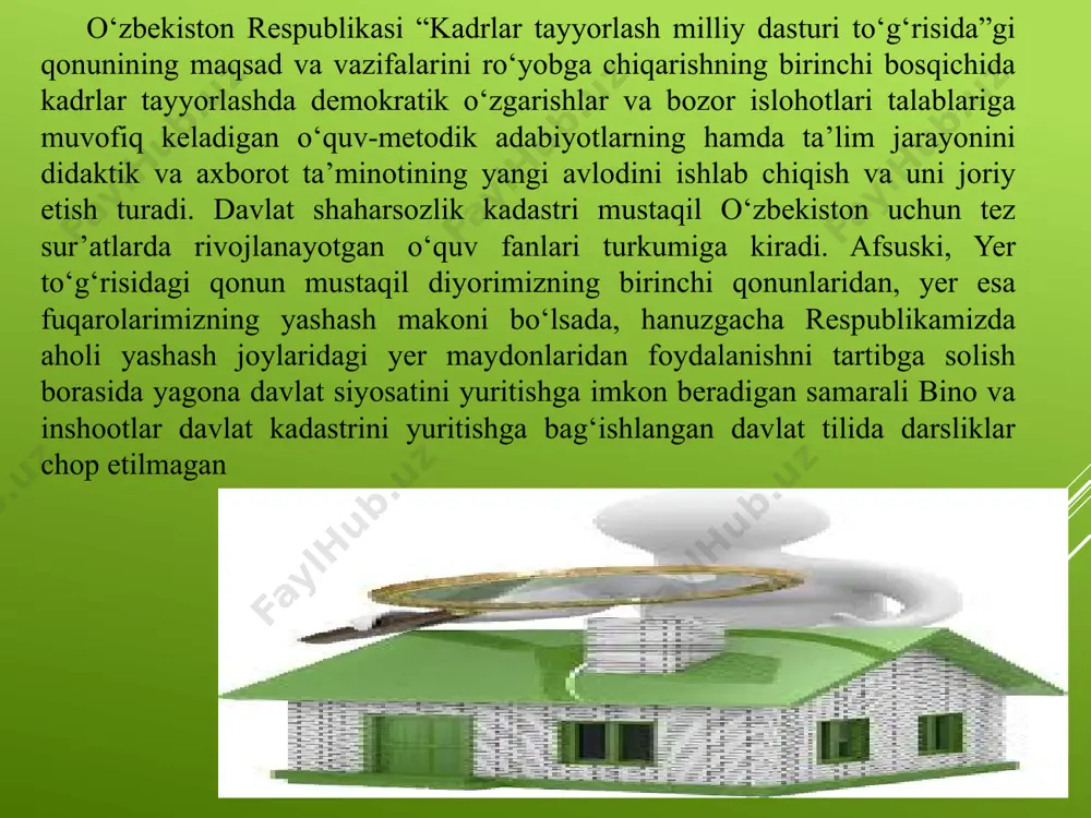 _____________________dagi holati bahsli masalalar (sababi). sanasi cheklanishlar, servitutlar joriy baholash mufassal hujjatlashtirilgan qanday ma’lumotlar bor va qayerda joylashgan (kadastr hujjati raqami) (sana) muhandislik kommunikatsiyalari loyiha tipi maydoni qavatliligi qiymati nomi qurilish usuli va joylashuv balandligi o‘lchov parametrlari (diametri, kesimi) texnik parametrlar (quvvati, bosimi, kuchlanishi) ahamiyati (mintaqaviy, shahar, tuman, mikrorayon,sanoat) 15 16 17 18 19 20 21 22 23 24 25 26 27 e’tiboringiz uchun raxmat!!! image1.jpeg image2.jpeg image3.jpeg image4.jpeg image5.jpeg image6.jpeg /docprops/thumbnail.jpeg