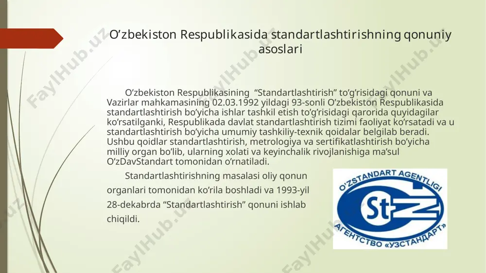 tisodiy samaradorligi; 6) joriy qilish, standartni harakatga kеltirish (amal qilish muddati) va standartni tеkshirish; 7) boshqa mе'yoriy hujjatlar bilan o’zaro bog’liqligi; 8) fikr-mulohaza olish uchun yuborilgani to’g’risida ma'lumot (standart loyihasining birinchisidan tashqari hamma tahriri bo’yicha); 9) kеlishilganligi to’g’risida ma'lumot (faqat tasdiqlashga oshiriladigan standart loyihasining oxirgi tahririga); 10) axborotlar manbai; 11) qo’shimcha ma'lumotlar; image1.jpg image2.png /docprops/thumbnail.jpeg