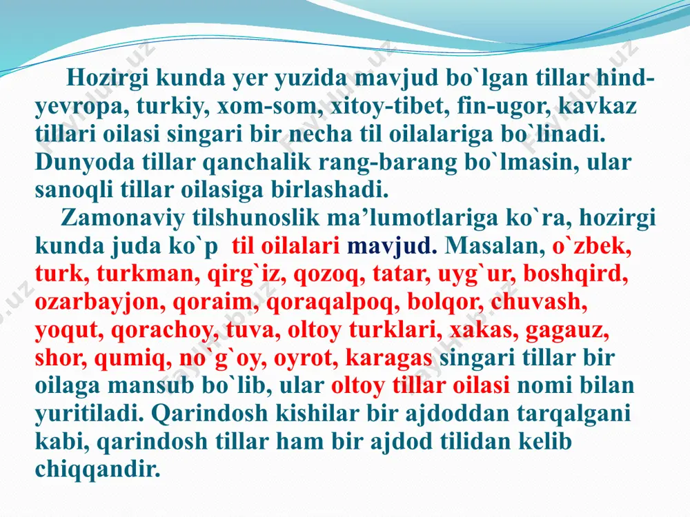 ida insoniyat tomonidan jamg`arilgan bilimlar nainki qayd etiladi va saqlanadi, balki avloddan avlodga ham yetkaziladi. til millat ruhining ko`zgusidar. tilda millatning bor-yo`g`i, o`y-fikri, dunyoqarashi, orzu-umidlari, vatani, his-tuyg`ulari aks etadi. tildagi har bir so`z, uning har bir shakli inson tafakkuri va tuyg`usining natijasi bo`lib, uning yordamida bu tafakkur va tuyg`ular orqali vatan va xalq tarixi ifodalanadi. milliy til, adabiy til va shevalar milliy til va adabiy til tushunchalari bir xil emas. qayerda yashashidan qat’iy nazar o‘zbek millatiga mansub odamlar tomonidan ishlatiladigan til milliy (umumxalq) o‘zbek tili deb yuritladi. milliy til o‘z tarkibiga adabiy til, sheva, so‘zlashuv nutqi, jargonlar, vulgarizm (so‘kish va qarg‘ash so‘zlari), varvarizm (tilda o‘rinsiz ishlatiladigan chet so‘zlar) kabi guruh so‘zlarni qamrab oladi. milliy tilning ma’lum qoidalarga bo‘ysundirilgan, muayyan qolipga solingan, olimlar, mutaxassislar tomonidan ishlov berilgan, doim silliqlashtirilib, mukammallashtirilib boriladigan shakli adabiy til deyiladi. rasmiy hujjatlar, badiiy va ilmiy adabiyot, vaqtli matbuot adabiy tilda yaratiladi, ommaviy axborot vositalari adabiy tilda …