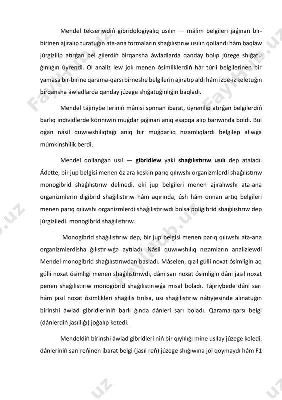 atu ǵınlıǵın úyrendi. ol analiz lew jolı menen ósimliklerdiń hár túrli belgilerinen bir yamasa bir-birine qarama-qarsı birneshe belgilerin ajıratıp aldı hám izbe-iz keletuǵın birqansha áwladlarda qanday júzege shıǵatuǵınlıǵın baqladı. mendel tájiriybe leriniń mánisi sonnan ibarat, úyrenilip atırǵan belgilerdiń barlıq individlerde kóriniwin muǵdar jaǵınan anıq esapqa alıp barıwında boldı. bul oǵan násil quwıwshılıqtaǵı anıq bir muǵdarlıq nızamlıqlardı belgilep alıwǵa múmkinshilik berdi. mendel qollanǵan usıl — gibridlew yaki shaǵılıstırıw usılı dep ataladı. ádette, bir jup belgisi menen óz ara keskin parıq qılıwshı organizmlerdi shaǵılıstırıw monogibrid shaǵılıstırıw delinedi. eki jup belgileri menen ajıralıwshı ata-ana organizmlerin digibrid shaǵılıstırıw hám aqırında, úsh hám onnan artıq belgileri menen parıq qılıwshı organizmlerdi shaǵılıstırıwdı bolsa poligibrid shaǵılıstırıw dep júrgiziledi. monogibrid shaǵılıstırıw. monogibrid shaǵılıstırıw dep, bir jup belgisi menen parıq qılıwshı ata-ana organizmlerdisha ǵılıstırıwǵa aytıladı. násil quwıwshılıq nızamların analizlewdi mendel monogibrid shaǵılıstırıwdan basladı. máselen, qızıl gúlli noxat ósimligin aq gúlli noxat ósimligi menen shaǵılıstırıwdı, dáni sarı noxat ósimligin dáni …