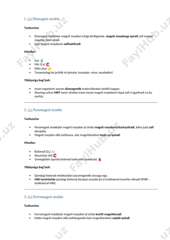 suv, mis, oltin, inson to‘qimalari kislorod, alyuminiy, gemoglobin temir, nikel, kobalt tibbiy ahamiyati organizm odatda diamagnetik qondagi kislorod paramagnetik ferromagnit implantlar mrt uchun xavfli 🧠 o‘xshatish (talabalar oson eslab qolsin uchun): · diamagnit — magnitga "qarshi yuguradi" (magnit maydonni zaiflashtiradi). · paramagnit — magnitga "sekin ergashadi" (magnit maydonni zaif kuchaytiradi). · ferromagnit — magnitga "mahkam yopishadi" (kuchli magnitlanadi). 📚 meg va mkg nima? qisqartma to‘liq nomi o‘zbekchasiga tarjimasi meg magnetoencephalography magnetoensefalografiya (miyaning magnit faolligini o‘lchash) mkg magnetocardiography magnetokardiografiya (yurakning magnit faolligini o‘lchash) 🧠 1. meg — magnetoensefalografiya tushuncha: · meg — miya faoliyatidan hosil bo‘ladigan zaif biomagnit maydonlarni real vaqtda aniqlaydigan usul. · miyadagi neyronlarning elektr impulslari natijasida zaif magnit maydonlar paydo bo‘ladi. · meg shularni maxsus sezgir qurilmalar (squid — superconducting quantum interference device) yordamida o‘lchaydi. nimani aniqlash mumkin? · epilepsiya tutqanoq o‘chog‘ini, · miya funksiyalarining joylashuvini (nutq, harakat, sezgi markazlari), · travmatik jarohatlar va demensiya belgilari. tibbiyotda meg …