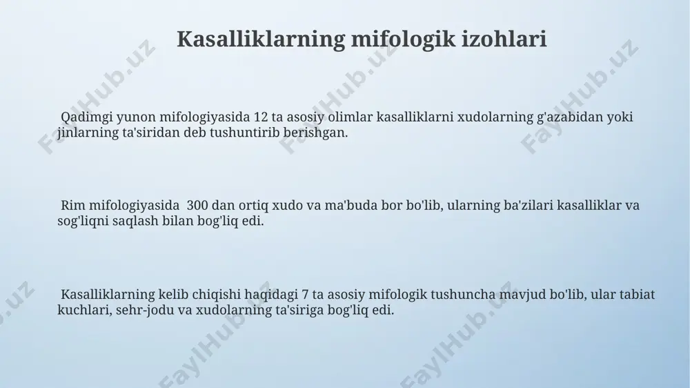himoya qilish qobiliyatini tasvirlaydi. yunon mifologiyasida gigieya, asklepiyning 1 dan ortiq qizi sifatida tasvirlanib, uning tibbiy bilimlarini meros qilib olgan. gigieyaning ramzlari orasida 2 ta asosiysi bor: sog'lom tanani ifodalovchi gulchambar va kasalliklardan himoya qiluvchi afsungarlik tayoqchasi. apollon va davolovchi san'at apollonning davolovchi san'ati asklepiy – shifokorlar xudosi –ning martaba o'sishiga 200 yildan ortiq ta'sir ko'rsatib, uning obro'sini oshirishga yordam bergan. apollonning davolovchi san'ati qadimgi yunon mifologiyasida 12 ta olimpiya xudolaridan biri bo'lgan apollon bilan bog'liq bo'lib, uning 7 ta asosiy atributi orasida tibbiyot ham bor edi. apollonning davolovchi kuchiga ega bo'lgan ramzlari, masalan, dafna yaprog'i va quyosh nuri, uning shifo berish qobiliyatini ifodalovchi 3 ta asosiy element sifatida qaraldi. salus va valetudo: sog'liq ma'budalari valetudo, aesculapiusning qizi sifatida, 12 olimpiya xudolaridan farqli o'laroq, sog'liqni saqlashga bag'ishlangan kichik xudo edi, uning obro'si salomatlikning o'zgaruvchanligini ta'kidlaydi. qadimgi rim mifologiyasida salus va valetudo o'rtasidagi farq 2 ta asosiy tamoyilni, ya'ni sog'liqning barqarorligi …