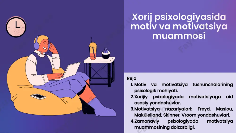 asoslanadi. gumanistik yondashuv (a. maslow, k. rogers) – shaxsning o‘zini rivojlantirishga bo‘lgan ichki ehtiyoji asosiy motivatsiya manbai hisoblanadi. kognitiv yondashuv (l. festinger, e. tolman) – inson o‘z faoliyatini ongli ravishda rejalashtiradi, taxmin qiladi va qaror qabul qiladi. z. freyd: inson harakatlarini jinsiy va agressiv instinktlar boshqaradi. a. maslow: ehtiyojlar ierarxiyasi nazariyasi — fiziologik, xavfsizlik, ijtimoiy, hurmat va o‘zini namoyon qilish ehtiyojlari. d. makklelland: uch asosiy motiv — yutuqqa intilish, hokimiyatga intilish va aloqadorlik. b. skinner: harakatni mustahkamlash nazariyasi — rag‘bat va jazolash orqali motivatsiya shakllanadi. hozirgi zamon psixologiyasi motivatsiyani: ish samaradorligini oshirish, ta’lim jarayonlarini optimallashtirish, sportda yutuqlarga erishish, shaxsiy o‘sishni ta’minlashda hal qiluvchi omil sifatida ko‘radi. krossvord savollari savol: ehtiyojlar ierarxiyasi nazariyasini yaratgan psixolog kim? savol: inson harakatiga jinsiy va agressiv instinktlar asos deb hisoblagan psixolog? savol: ichki rag‘batlantirish omili bo‘lgan motivatsiya turi? savol: inson xatti-harakatlari tashqi rag‘batga asoslanadi deb hisoblovchi yondashuv? savol: harakat natijasi va mukofot o‘rtasidagi bog‘liqlikka asoslangan …