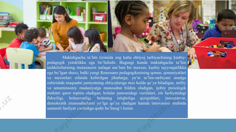xassislar bilan hamkorlikda ishlash (suzishni oʼrgatish boʼyicha yoʼriqchi mavjud boʼlganda,unga yordamlashish) 15.tashkilot musiqa rahbari bilan oʼzaro hamkorlikda ish olib boradi va yil davomida oʼtkaziladigan bayram ertaliklariga tayyorgarlik ishlarida musiqa rahbariga koʼmaklashadi. aaron loeb ceo & founder afredo torres project manager juliana silva ceo & founder daniel gallego it expert olivia wilson marketing head lavozim nomi va unga qoʻyiladigan malaka tavsiflari direktor 1.maʼlumot 2.mutaxassislik 3.mehnat staji 4.kompyuter savodxonligi 5.qoʻshimcha talablar 1.maʼlumot 2.mutaxassislik 3.mehnat staji 4.kompyuter savodxonligi 5.qoʻshimcha talablar oliy, bakalavr diplomiga ega boʻlishi (magistratura, ilmiy darajaga egalik afzallik beradi) maktabgacha taʼlim yoʻnalishi (nomutaxassis va nopedagog oliy maʼlumotli kadrlar maktabgacha taʼlim yoʻnalishidagi kasbiy qayta tayyorlash kursini tamomlagan boʻlishi lozim) kamida 3 yillik pedagogik ish staji microsoft office dasturi (word, excel, power point va h.k), zamonaviy axborot texnologiyalari, axborot tizimlari hamda internet tarmogʻida ishlash boʻyicha yetarli koʻnikmaga ega boʻlishi oʻzbekiston respublikasining “maktabgacha taʼlim va tarbiya toʻgʻrisida”gi, “taʼlim toʻgʻrisida”gi, “pedagogning maqomi toʻgʻrisida”gi, “davlat fuqarolik …