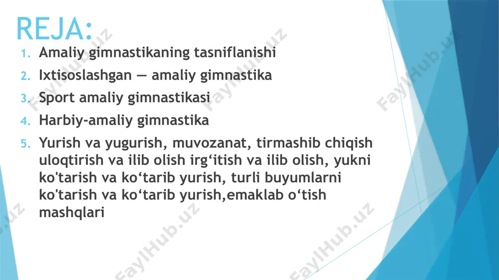 faoliyati bog'liq bo'lgan maxsus vosita fazilatlari va ko'nikmalarini rivojlantirishga qaratilgan. zamonaviy ishlab chiqarishning ko'pgina sohalarida insondan umumiy jismoniy rivojlanishdan tashqari, alohida jismoniy va axloqiy fazilatlarga ham ega bo'lish talab etiladi. bunday mashg'ulotlar, masalan, ko'p qavatli montajchi, ko'p qavatli quruvchi uchun, har xil turdagi gimnastika mashqlari (tirmashish, oshib o’tish, yuqoriga tortilib ko'tarilish, ko'tarish, burilish) oddiy sharoitlarda bajarilmaydigan lekin tepada zarur, kasb-hunar maktablarida mashg'ulotlar yaxshi natijalar beradi: o'quvchilar yanada epchil va jasur bo'ladi; balandlik qo'rquvi yo'qoladi; mehnat unumdorligi sezilarli darajada oshadi. amaliy sport gimnastikasi barcha sport turlari bo'yicha o'quv va o'quv jarayonida qo'llaniladi. u sportchining umumiy va maxsus jismoniy tayyorgarligini ta'minlaydi, sportchilar tanlagan sport turida eng yuqori natijalarga erishish uchun zarur bo'lgan jismoniy sifatlarni maqsadli ravishda yaxshilashga yordam beradi. ushbu gimnastikaning mazmuni tegishli sport turining mazmuniga qarab belgilanadi, chunki har bir sport turi umumiy rivojlantiruvchi va maxsus mashqlarning o'ziga xos qo'llanilishiga ega. aytish kerakki, bir qator sport turlari vakillari gimnastika jihozlarida ba'zi …