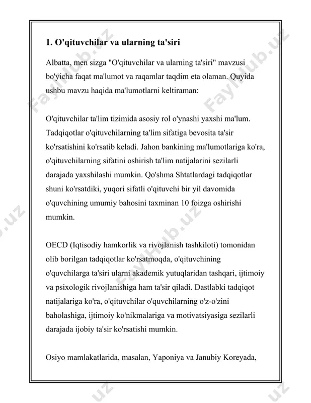 art hisoblanadi. 2. ta'lim muassasasining infrastruktura darajasi ta'lim muassasasining infrastruktura darajasi har qanday mamlakatning ta'lim tizimini baholashda muhim ko'rsatkich hisoblanadi. quyida, o'zbekistonda ta'lim muassasalarining infrastruktura darajasiga oid raqamlar va ma'lumotlar keltiriladi: 1. **oliy ta'lim muassasalari soni**: 2022 yil ma'lumotlariga ko'ra, o'zbekistonda 100 dan ortiq oliy ta'lim muassasalari faoliyat yuritadi, ular orasida davlat universitetlari, xususiy institutlar va xalqaro filiallar mavjud. 2. **o'rta ta'lim muassasalari soni**: o'zbekistonda 9 mingdan ortiq umumiy o'rta ta'lim maktablari mavjud bo'lib, ular 5 milliondan ziyod o'quvchini qamrab oladi. 3. **kasb-hunar kollejlari va texnikumlari**: o'zbekistonda 2020 yilga kelib 1 700ga yaqin kasb-hunar kollejlari va texnikumlar faoliyat ko'rsatmoqda, bu esa yildan-yilga ortib borayotgan bo'lsa, o'quvchilar soni ham ortmoqda. 4. **raqamlashtirish darajasi**: 2023 yilgi ma'lumotlarga ko'ra, o'zbekistondagi maktablarning 70 foizidan ortig'i internetga ulangan. shuningdek, ta'lim platformalari orqali o'quv jarayonlarini qo'llab-quvvatlash ko’paygan. 5. **kutubxonalar va laboratoriyalar mavjudligi**: oliy ta'lim muassasalarining aksariyatida zamonaviy kutubxonalar, laboratoriyalar, ilmiy-tadqiqot markazlari mavjud bo'lib, ular talabalarning ilmiy …