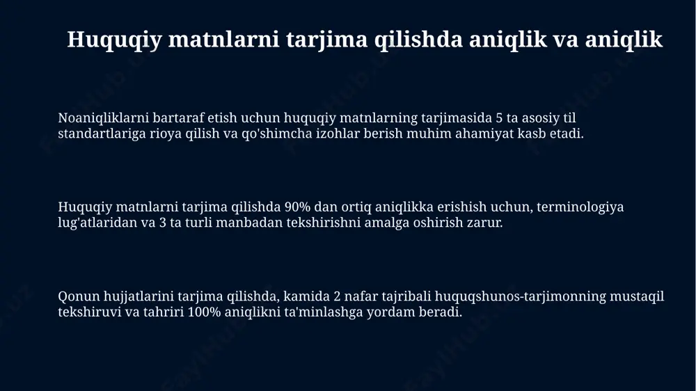 , ikkinchisida esa uslubiy jihatlari tekshiriladi. "sifat nazorati va tahrirlash" natijalarini aks ettiruvchi hujjatda kamida 5 ta asosiy mezon – aniqlik, to'g'rilik, izchillik, uslub va muvofiqlik ko'rsatilishi lozim. e'tiboringiz uchun rahmat @taqdimot_robot image1.jpg