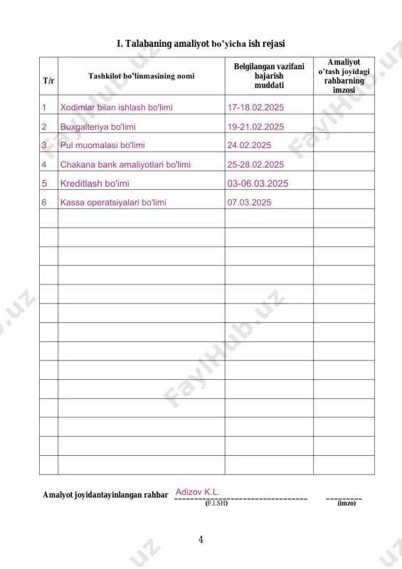 h) (imzo) «____» ___________20___ y tashkilot rahbari ________________________________ ________ _______________ (f.i.sh) (imzo) (muxr o’rni) «____» ___________20___ y aliyeva nigina samadovna "agrobank" atb samarqand filiali 25 17 fevrali 25 10 mart banp-s-322u ijobiy yuklatilgan vazifalarni mas’uliyat bilan bajardi. amaliyot davomida bank faoliyatining asosiy yo‘nalishlari bilan tanishib, mijozlarga xizmat ko‘rsatish jarayonlarida ishtirok etdi. amaliyot davomida talaba o‘zining tashabbuskorligi, fidoyiligi va intizomliligi bilan ajralib turdi. u ish jarayonida mustaqil qaror qabul qilishga intildi, bank xodimlari bilan adizov k.l. xasanov j. 10 mart 25 25 aliyeva nigina samadovna bankda o‘tayotgan malakaviy amaliyot davomida o‘ziga yaxshi muloqot o‘rnatdi va jamoaga tez moslashdi. mart 10 7 iv. universitetdan tayinlangan rahbarning talaba___________________________________________________ tomonidan (f.i.sh) amaliyot davrida orttirgan ko’nikmasi to’g’risidagi xulosasi talabaning amaliyot natijalari bo’yicha bahosi ______________ ilmiy rahbar______________________________________ ______________ (f.i.sh) (imzo) kafedraning hay’at a’zolari tomonidan qo’yilgan umumiy ball ___________________________________ amaliyot hisobotini baholagan hay’at a’zolari 1. ____________________________ _______________ 2. ____________________________ _______________ 3. ____________________________ _______________ aliyeva nigina samadovna