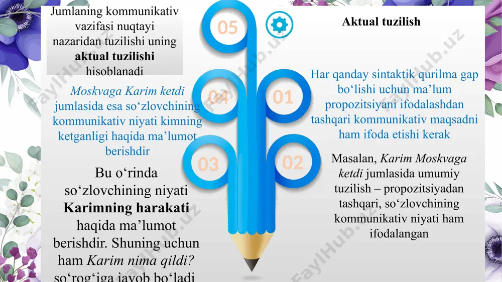 kan, uni “grammatik kesimlik”ka qarama-qarshi qo‘yadi. agar mantiqiy urg‘u fe’lda yoki predikativ so‘zda bo‘lsa, intonatsion kesim bilan grammatik kesimning bir-biriga muvofiq kelishi, boshqa hollarda esa, bir-biridan farq qilishi, intonatsion kesimning grammatik kategoriya emasligi haqida ma’lumot beradi bu hodisaning aktual bo‘linish termini ostida maxsus o‘rganish mashhur chex tilshunosi v.mateziusga tegishli. u xix asr fransuz tilshunosi a.veylning ayrim g‘oyalariga tayangan holda birinchi marta aktual bo‘linish muammosi lingvistikaga oid ekanligini isbotladi. u aktual bo‘linishning sintaktik bo‘linish bilan munosabati va undan farqini ko‘rsatib berdi. aktual bo‘linish ma’lum grammatik vositalarga asoslanishi ko‘rsatiladi. v.matezius tilshunoslikning navbatdagi vazifasi gapning shakliy va aktual bo‘linishlari o‘rtasidagi munosabatni konkret materiallar asosida ko‘rsatishdan iboratligini ta’kidladi. v.mateziusning aktual bo‘linish nazariyasi uning izdoshlari f.danesh, skalichka, y.firabs. p.adames, i.mistriklar tomonidan yanada chuqurlashtirildi. natijada bu nazariya faqat chex tilshunosligidagina emas, balki jahon tilshunosligida ham keng tarqaldi. v.matezius aktuallashish gap bo‘laklarining normal tartibi va intonatsion tuzilishining bosh paradigmatik a’zoga nisbatan o‘zgarishi hamda bu jumlaning sintagmatik tobe …