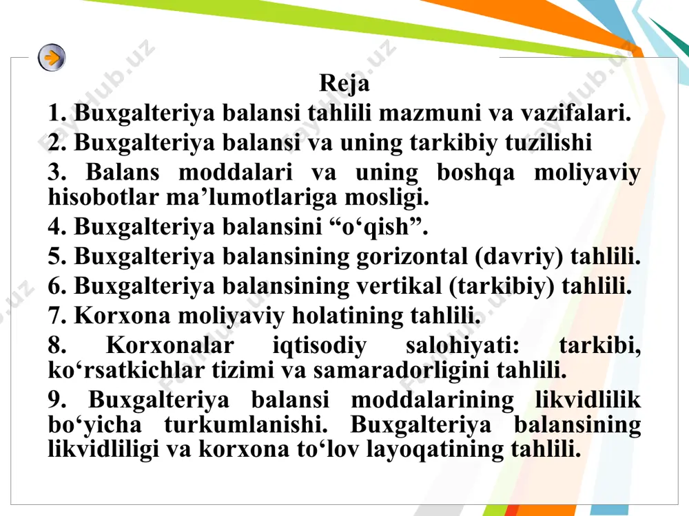 qo’shilgan kapital 420 - - 010,080 4 rezerv kapitali 430 - - 010,080 5 sotib olingan xususiy aktsiyalar 440 - - 010,080 6 taqsimlanmagan foyda (qoplanmagan zarar) 450 270 - 010,080 7 maqsadli tushumlar 460 - - 010,080 8 kelgusi davr xarajatlari va to’lovlari uchun zaxiralar 470 - - 010,080 4. buxgalteriya balansini “o‘qish”. buxgalteriya balansini dastlabki o‘qishda moliyaviy jihatdan quyidagilar o’rganiladi: -aktivlarning umumiy summasi va uning yil davomida o’zgarishi; -xususiy sarmoya va majburiyatlarning summasi, ularning yil davomida o’zgargarishi; -uzoq muddatli va joriy aktivlarning moliyalashtirish holati va ularning o’zgarishiga; -debitorlik va kreditorlik qarzlari tarkibi, holati va o’zgarishiga; -asosiy vositalar va nomoddiy aktivlarning tarkibi, holati va o’zgarishiga; -joriy aktivlarning tarkibiy tuzilishi, o’zgarishiga; 5. buxgalteriya balansining gorizontal (davriy) tahlili. moliyaviy tahlilda gorizontal tahlilning quyidagi shakllaridan foydalaniladi. 1. hisobot ko‘rsatkichlarini davr boshiga va oxiriga taqqoslash; 2. hisobot ko‘rsatkichlarini o‘tgan yilning shu davri ko‘rsatkichlari bilan taqqoslash; 3. hisobot ko‘rsatkichlarini dinamik taqqoslash; 4. turli tashkilotlarning …