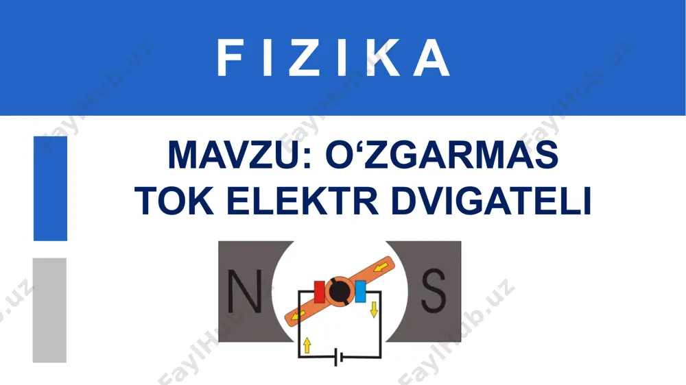 llarning issiqlik dvigatellariga nisbatan afzal tomonlari ko‘p. birinchidan, elektr dvigatellari issiqlik dvigatellariga qaraganda ixcham va foydalanish uchun qulaydir, ularni istalgan qulay joyga o‘rnatish mumkin. elektr dvigatellarning qo‘llanilishi ikkinchidan, ishlaganda gaz, tutun va bug‘ chiqarmaydi. uchinchidan, ular uchun yoqilg‘i va suvning keragi yo‘q. to‘rtinchidan, elektr dvigatellarning foydali ish koeffitsienti 80% dan ortiqdir, issiqlik dvigatellarniki esa 20% dan ortmaydi. elektr dvigatellarning qo‘llanilishi turli maishiy elektr asboblari - drel, charx, fen, magnitofon, ventilyator, muzlatkich, tikuv va kir yuvish mashinalariga elektr dvigatellar o‘rnatilgan bo‘ladi. korxonalarda elektr dvigatellari turli dastgoh va mashinalarni harakatga keltiradi. elektr dvigatellarning qo‘llanilishi transportda elektr dvigatellari tramvay, trolleybus, metro poyezdlari va elektrovozlarni hahakatga keltiradi. undan tashqari bugungi kunda elektromobillar sohasi rivojlanib bormoqda. mustaqil bajarish uchun topshiriqlar: o‘zgarmas tok elektr dvigatelida qaysi turdagi energiya qanday turdagi energiyaga aylanadi? 1 elektr dvigatelning tuzilishini va ishlash prinsipini tushintirib bering 2 elektr dvigatelning afzalliklari va qo‘llanilishi haqida nimalarni bilasiz? 3 image3.png image4.gif image5.gif image6.jpg image7.gif …