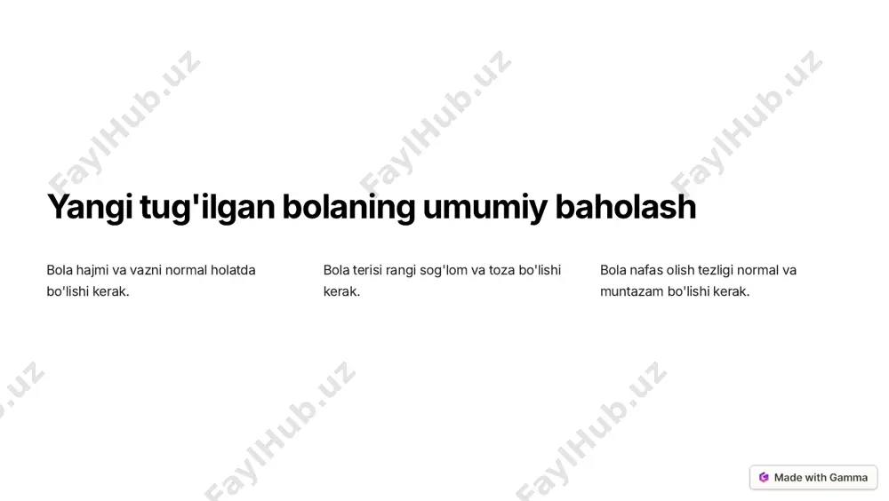 ekshiruv https://gamma.app/?utm_source=made-with-gamma yangi tug'ilgan bolaning fizikal tekshiruvi yangi tug'ilgan bolaning fizikal tekshiruvi uning salomatligi va rivojlanishiga oid muhim ma'lumotlarni olishga yordam beradi. bu tekshiruv bilan bola salomatligi va rivojlanishidagi har qanday muammolarni erta aniqlash mumkin. https://gamma.app/?utm_source=made-with-gamma