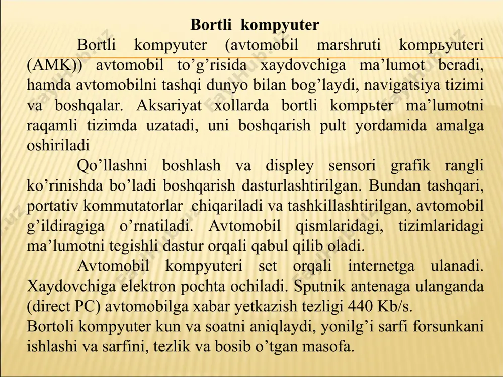 sh, ventilyatorni past xaroratda ishlashini o’rnatish, abni zanjirga ulanganligini ko’rish va baxo berish, abni zichligi, hamda abni kuchlanishini o’lchash, xolla datchik ishlamaganda avariya xolati); nazorat savollari. 1.bortlima’lumotli-diagnostik tizimlarini tuzilishini tushuntiring ? 2.transport vositalarini harakatlanish rejimi va texnik holatiha qidagima ’lumotlarniyig’ ishni tushuntiring ? 3.ishlov berishni, saqlashni va aksettirishni ta’minlovchi zamonaviy avtomobilni tarkibiyqismisifatidahamdaunio’rab turgantashqi omillarni tushuntiring ? 4. “haydovchi-avtomobil-yo’l-muhit” tizimini tushuntiring ? 5. haydovchini ma’lumot tizimini blok-sxemasini tushuntiring ? 6. nazorat-o’lchovasboblari panelini ishlashni tushuntiring ? 7. bort kompyutyuteriva bort nazorattizimini tushuntiring ? tuzuvch .x.ataxonov