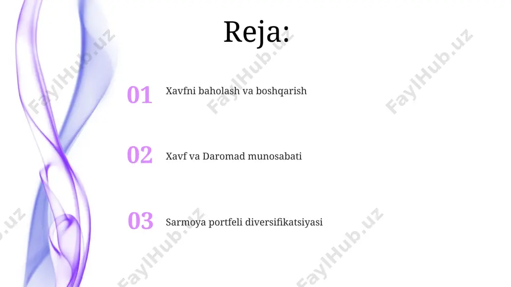 vfni sezilarli darajada pasaytiradi. xavfga moyillik va investorlarning xulqi o'rtacha investorlar, ayniqsa, rivojlanayotgan mamlakatlarda, masalan, o'zbekistonda, kamroq xavfga moyil bo'lib, o'z mablag'larini kam daromadli, lekin barqaror investitsiyalarga, 5-10% foiz stavkalari bilan, yo'naltiradilar. tadqiqotlar shuni ko'rsatadiki, 70% dan ortiq investorlar hissiy qarorlar qabul qiladilar, bu esa xavfni baholashda xatolikka va investitsiya portfelining norozilikli diversifikatsiyasiga olib keladi, masalan, faqatgina bitta kompaniya aktsiyalariga investitsiya qilish orqali. 2008-yildagi global moliyaviy inqiroz ko'rsatdiki, yuqori daromadga intilgan investorlar, masalan, aqshning wall streetdagi treyderlari, yuqori xavfga ham tayyor bo'lishadi va katta miqdordagi mablag'larni yo'qotish xavfini hisobga olishadi. xavf va daromadning turli aktiv sinflaridagi taqsimoti oltin, an'anaviy xavfsiz boshpana aktiv sifatida, yillik 5-7% oʻrtacha daromad keltirishi mumkin, ammo inflyatsiya darajasiga bogʻliq holda xavfi ham mavjud. masalan, 2022 yilda inflyatsiya oltinning daromadini kamaytirdi. ko'chmas mulk, masalan, toshkentdagi kvartiralar, yillik 8-12% ijaraga berish daromadi va qiymat o'sishi bilan yuqori daromad taklif qiladi, lekin suyuqlik past va bozor kon'yunkturasiga bog'liq yuqori …