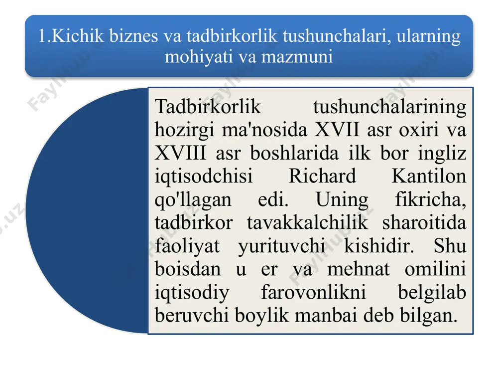 iyati yangi texnik, texnologik g’oyani birinchi bo’lib hayotga tatbiq etish hamda ushbu g’oyadan amalda foydalanish, undan qanday yakuniy natija, mahsulot yoki xizmatlar olish mumkinligini tasavvur eta olishi tadbirkorlik nazariyasining asoschisi y. shumpeter uchta asosiy moyivni ajratgan birinchidan ikkinchidan uchinchidan hokimlik qilish, hukumronlik, ta'sir qilishga ehtiyoj aniq harakatlarni bajarish orqali erishish ehtimoli bo'lgan g’alabaga iroda, mevaffaqiyatsari harakat mustaqil ish faoliyati beruvchi ijodkorlik quvonchi mamlakatimizda tadbirkorlikni motivlashtirish xususiyatlari quyidagi alomatlarga ega o'z saloxiyatini amalga oshirishga harakat qilish - eng muhim, ijtimoiy va iqtisodiy samara keltiruvchi g'oyalarni amalga oshirish istagi - to’rachilik tuzilmalari bilan bog’liqlikdan qochish, harakatlar erkinligi va faoliyat yuritish jarayonida mustaqil bo'lish - qiziqarli ish bilan mustaqil va erkin shugullanish - o'zining ijtimoiy maqomi va obro’sini oshirishga intilish hamda o'ziga va o'z yaqinlariga munosib turmush sharoitlarini ta’minlash «tadbirkorlik» tushunchasi tadbirkorning ensiklopedik lug’atida quyidagicha ta’riflanadi: tadbirkorlik shaxsiy daromad, foyda olishga qaratilgan fuqarolarning mustaqil faoliyati. bu faoliyat o'z nomidan, o'z mulkiy mas’uliyati va …