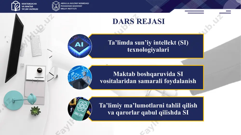 t vositasidan foydalanish kontekst va maqsadni tushuntiring “ushbu dokladni o’quv metodik kengashda foydalanish uchun qayta yozib ber” “yaratgan strategiya fan o‘qituvchilarga tushunarli bo‘lishi uchun sodda uslubda qayta ta’snif et.” boshqaruvda chatgpt vositasidan foydalanish aniq natija talab qiling “doklad 50 ta so’zdan iborat bo’lsin” “yangi yil tabrigini tuzishda “o’qituvchi”, “ota-ona”, “o’quvchi” kabi so’zlar qatnashsin” boshqaruvda chatgpt vositasidan foydalanish formatni ko‘rsating “dokladni qismlarga bo’lgan holda jadval ko’rinishida shakllantir” “yangi yil tabrigi rasmini yaratib ber.” boshqaruvda chatgpt vositasidan foydalanish javoblarni aniqlashtiring va qayta so‘rang “batafsilroq tushuntirib bering” “yana boshqa misol keltira olasizmi?” boshqaruvda chatgpt vositasidan foydalanish berilgan ma’lumotlarga tanqidiy qarang. har bir ma’lumot asosli va ishonchli ekanligini tekshiring. chatgpt foydali, ammo ba’zan noto‘g‘ri ma’lumotlar berishi mumkin. boshqaruvda chatgpt vositasidan foydalanish qonunga va jamiyatdagi axloqiy normalarga amal qiling. noqonuniy, axloqsiz yoki zararli ma’lumotlar so‘ramang. boshqaruvda chatgpt vositasidan foydalanish qonunga va jamiyatdagi axloqiy normalarga amal qiling. noqonuniy, axloqsiz yoki zararli ma’lumotlar so‘ramang. amaliy topshiriq chatgpt …